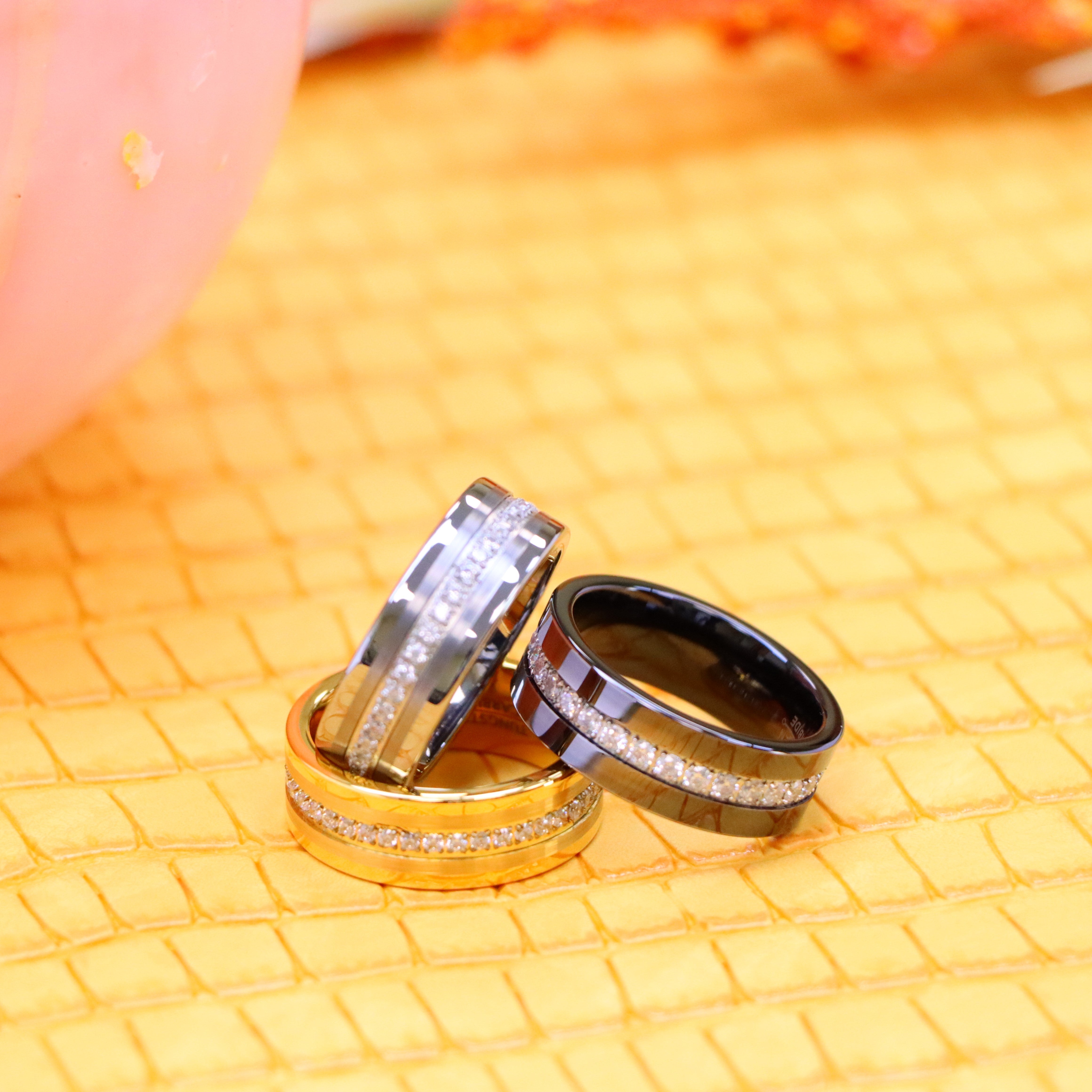 8mm Yellow IP/Silver/Black IP Plated Pipe-Cut Brushed Center Prong-Set Round-Cut Cubic Zirconia Eternity Tungsten Ring - Labhu USA