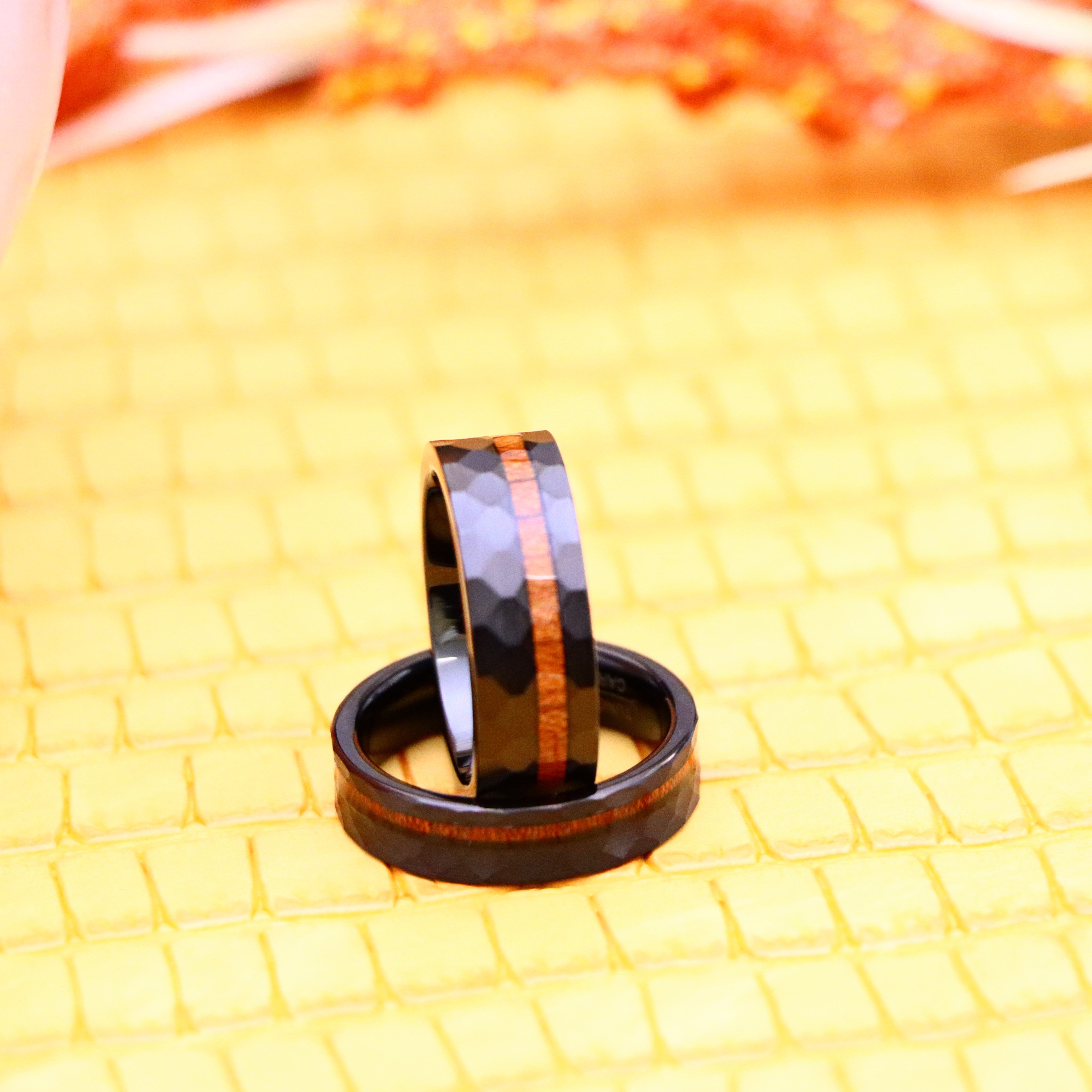 Black IP Plated Hammered Tungsten Ring with Hawaiian Koa Wood Inlay - Labhu USA
