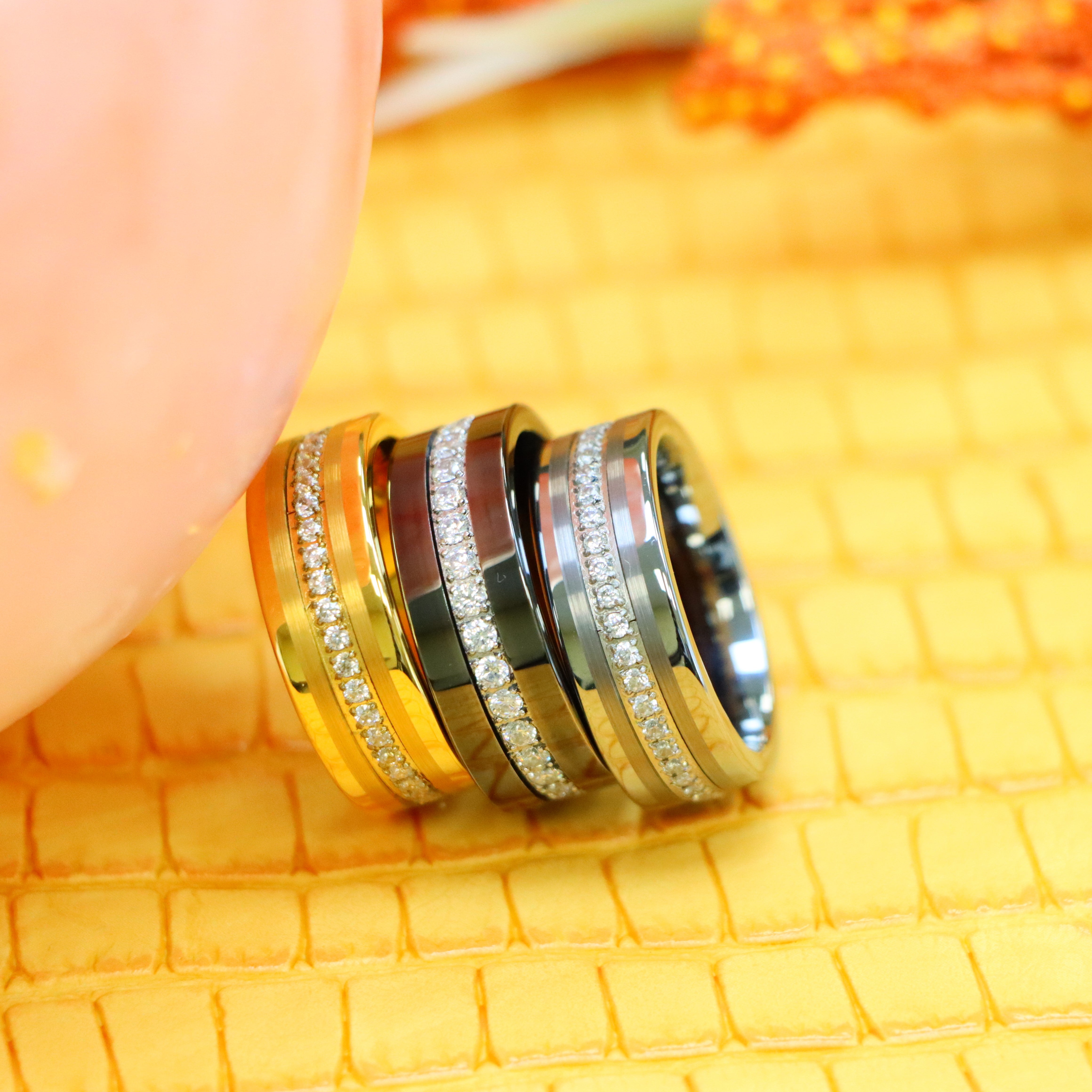 8mm Yellow IP/Silver/Black IP Plated Pipe-Cut Brushed Center Prong-Set Round-Cut Cubic Zirconia Eternity Tungsten Ring - Labhu USA