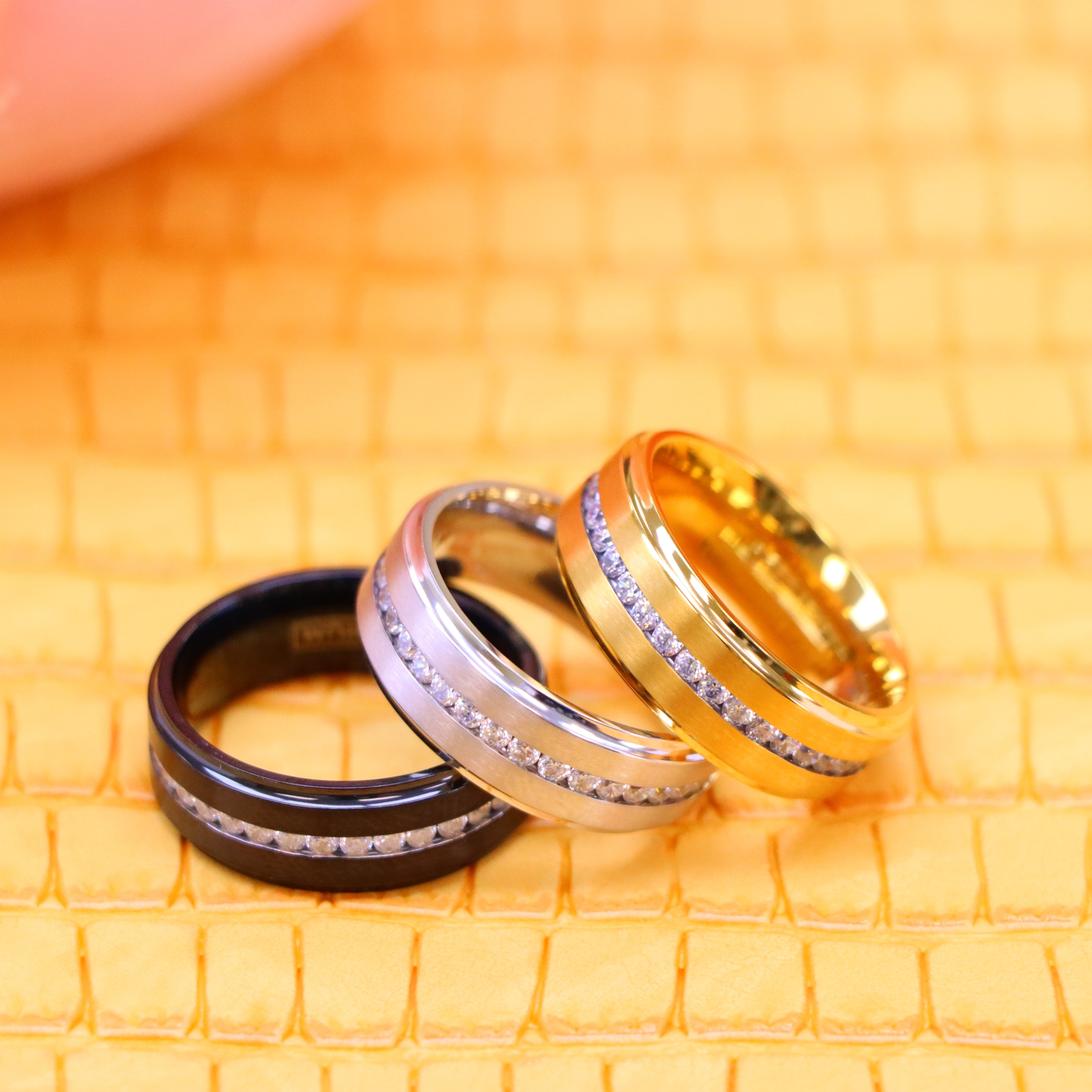 White IP /Yellow IP/Black IP Plated Titanium Ring with Brushed Center, Shiny Stepped Edge, and Eternity Style CZs - Labhu USA