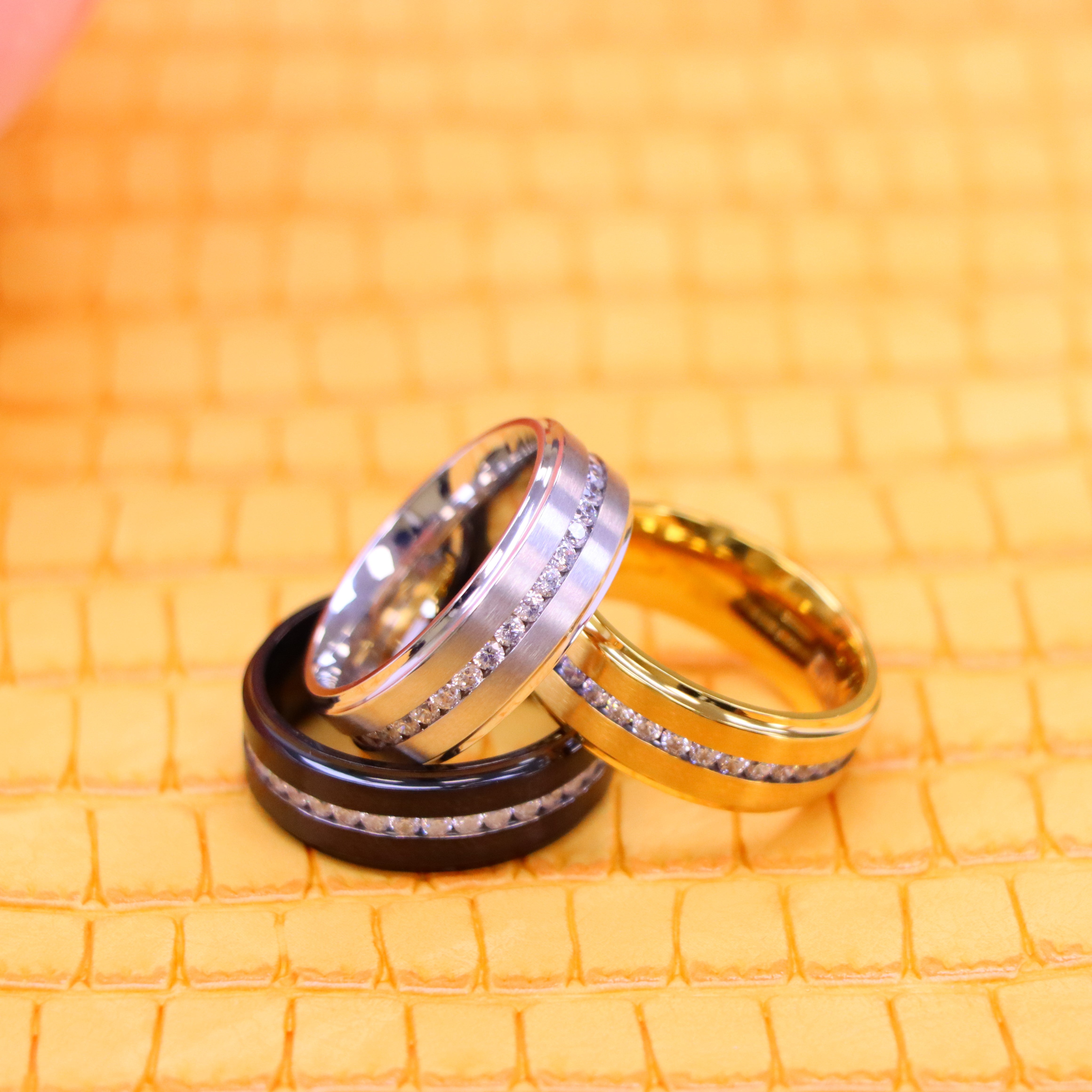 White IP /Yellow IP/Black IP Plated Titanium Ring with Brushed Center, Shiny Stepped Edge, and Eternity Style CZs - Labhu USA