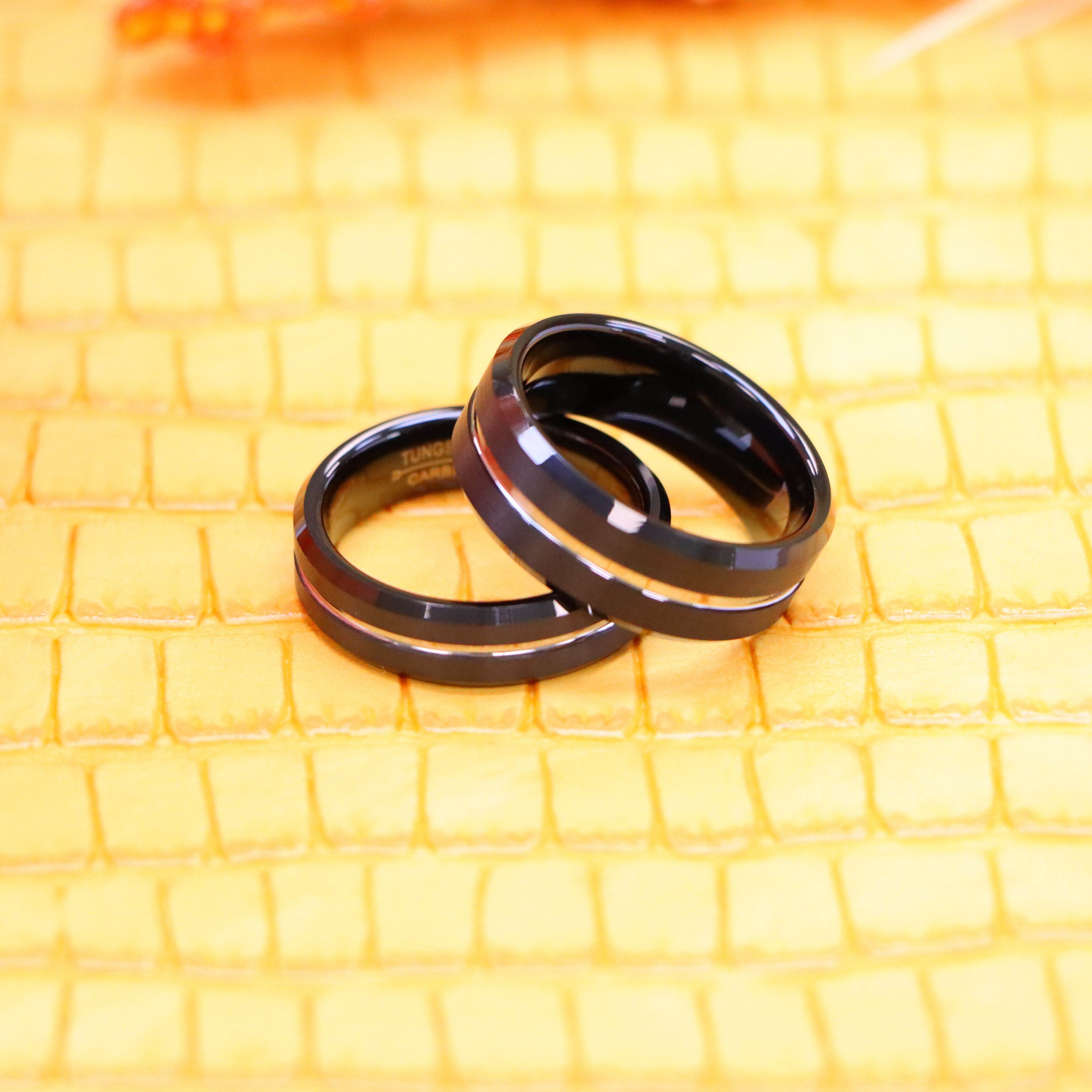 Black IP Brushed with Steel Color Grooved Center Beveled Edge Tungsten Ring - Labhu USA