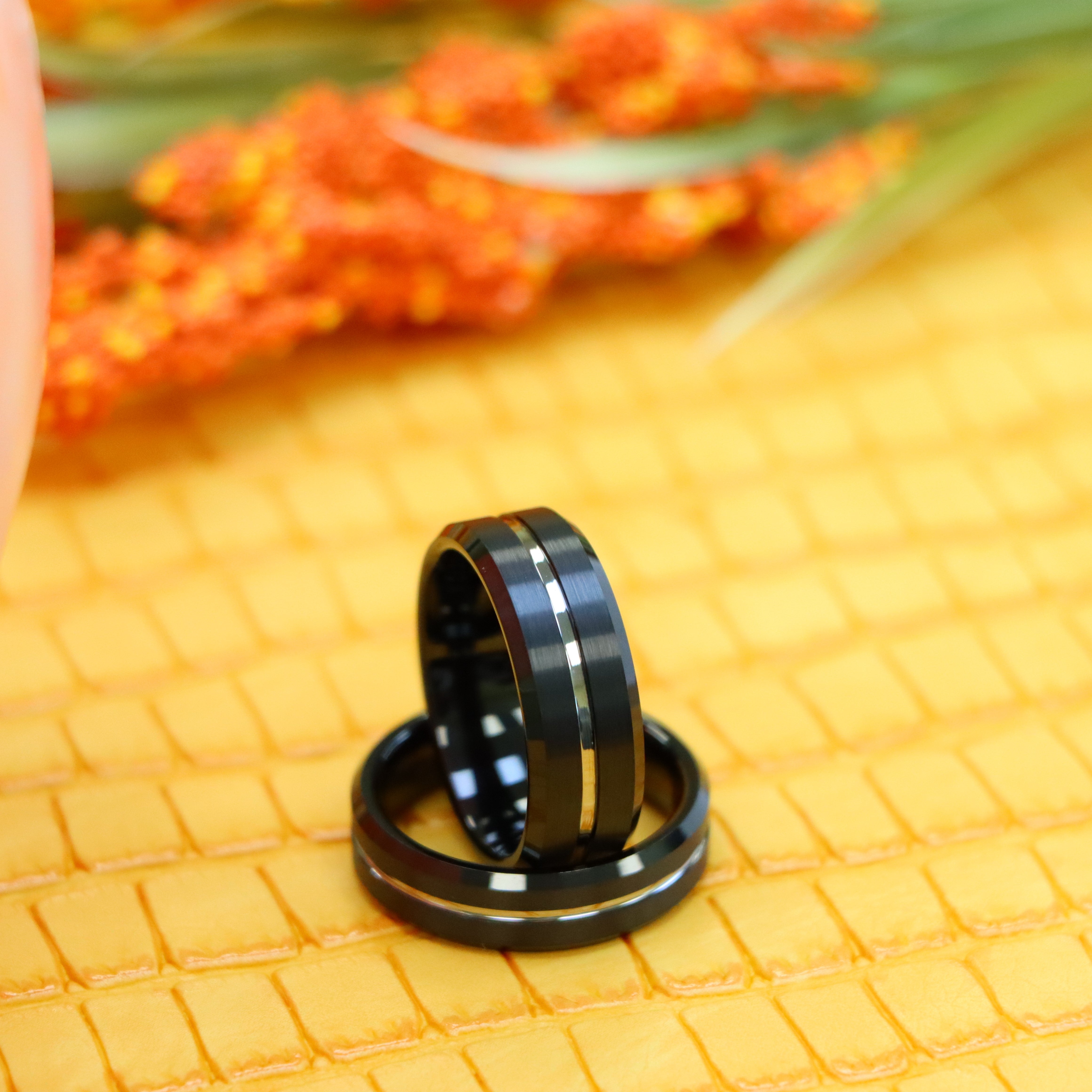Black IP Brushed with Steel Color Grooved Center Beveled Edge Tungsten Ring - Labhu USA