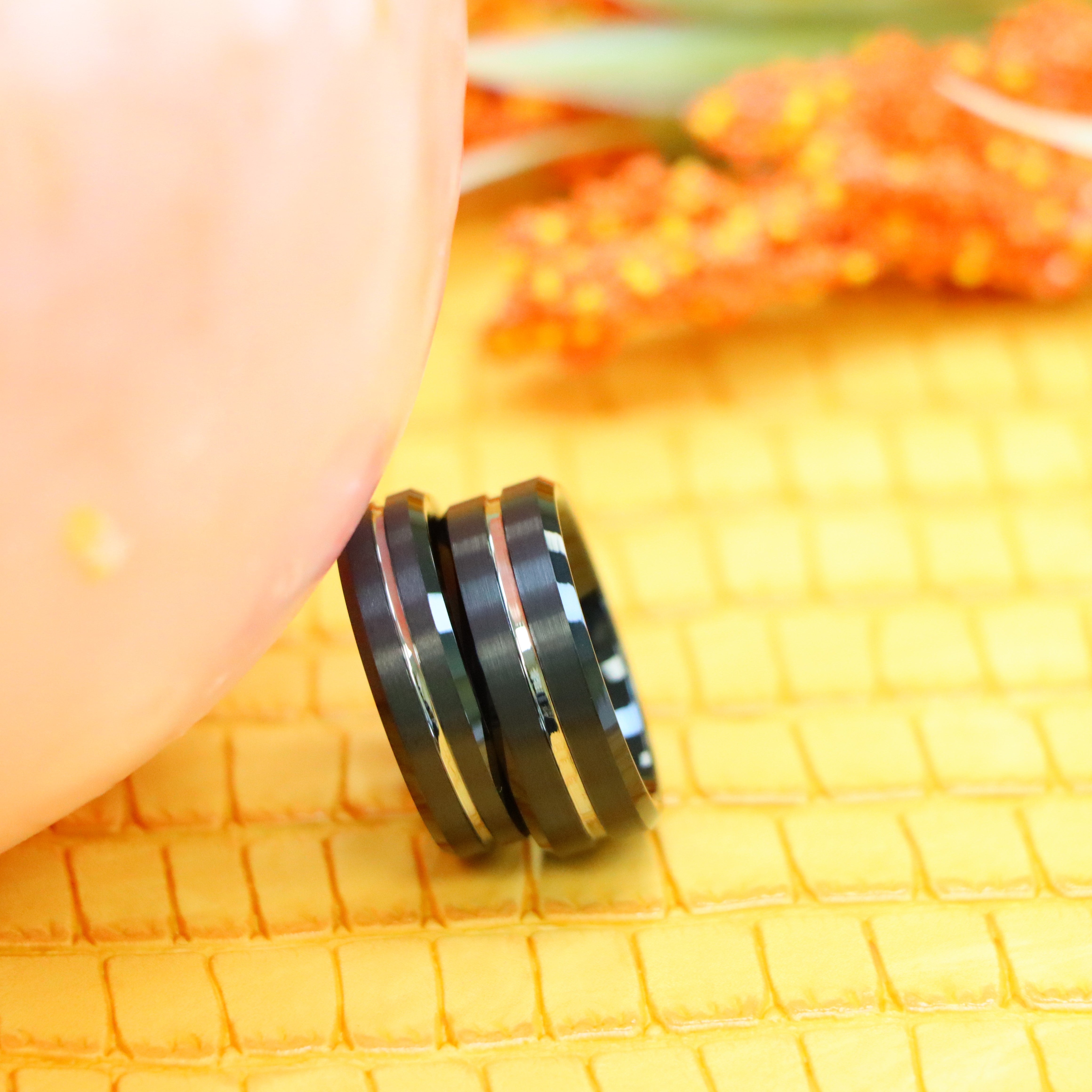 Black IP Brushed with Steel Color Grooved Center Beveled Edge Tungsten Ring - Labhu USA