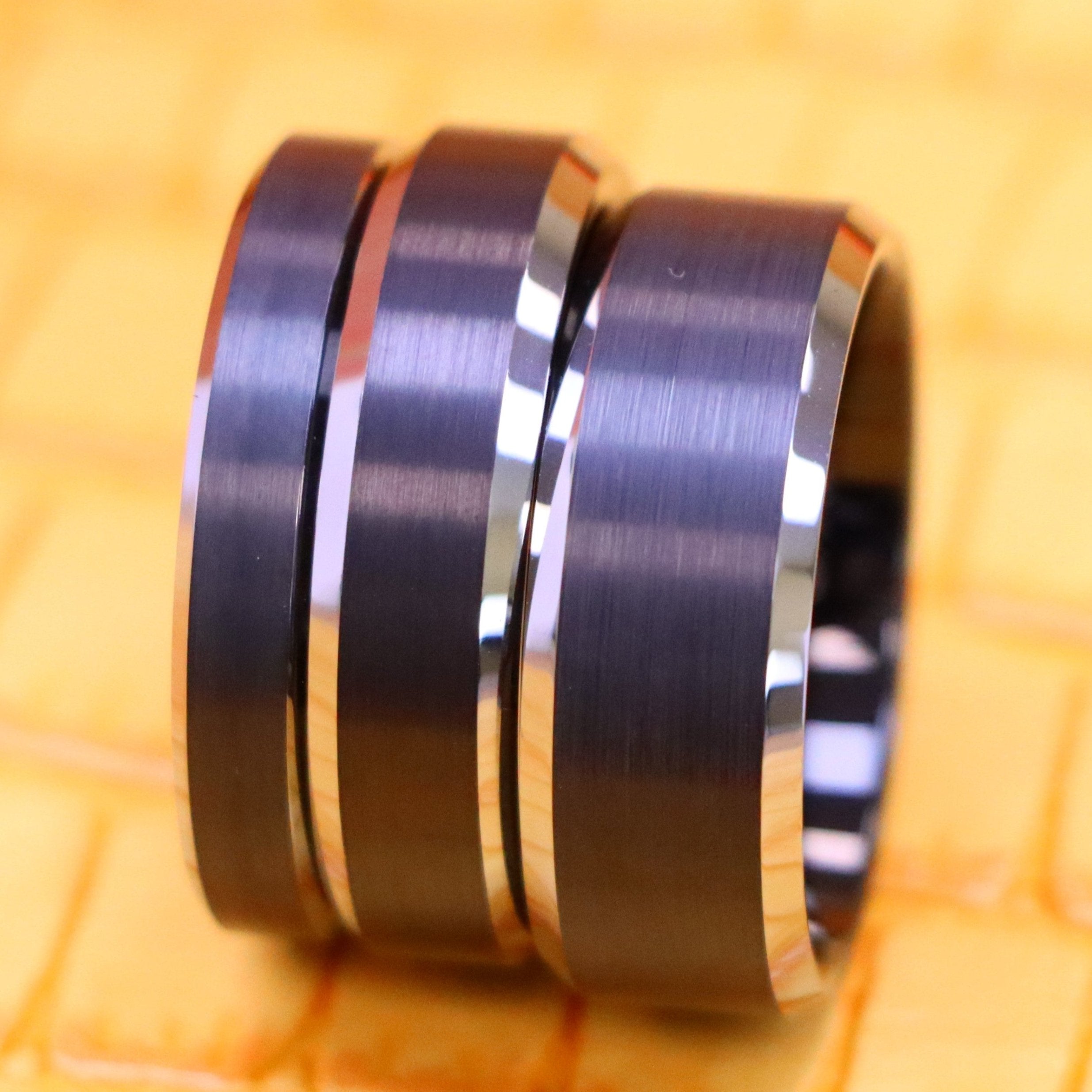Black IP Plated Brushed Center High Polished Silver Color Beveled Edge Tungsten Ring - Labhu USA