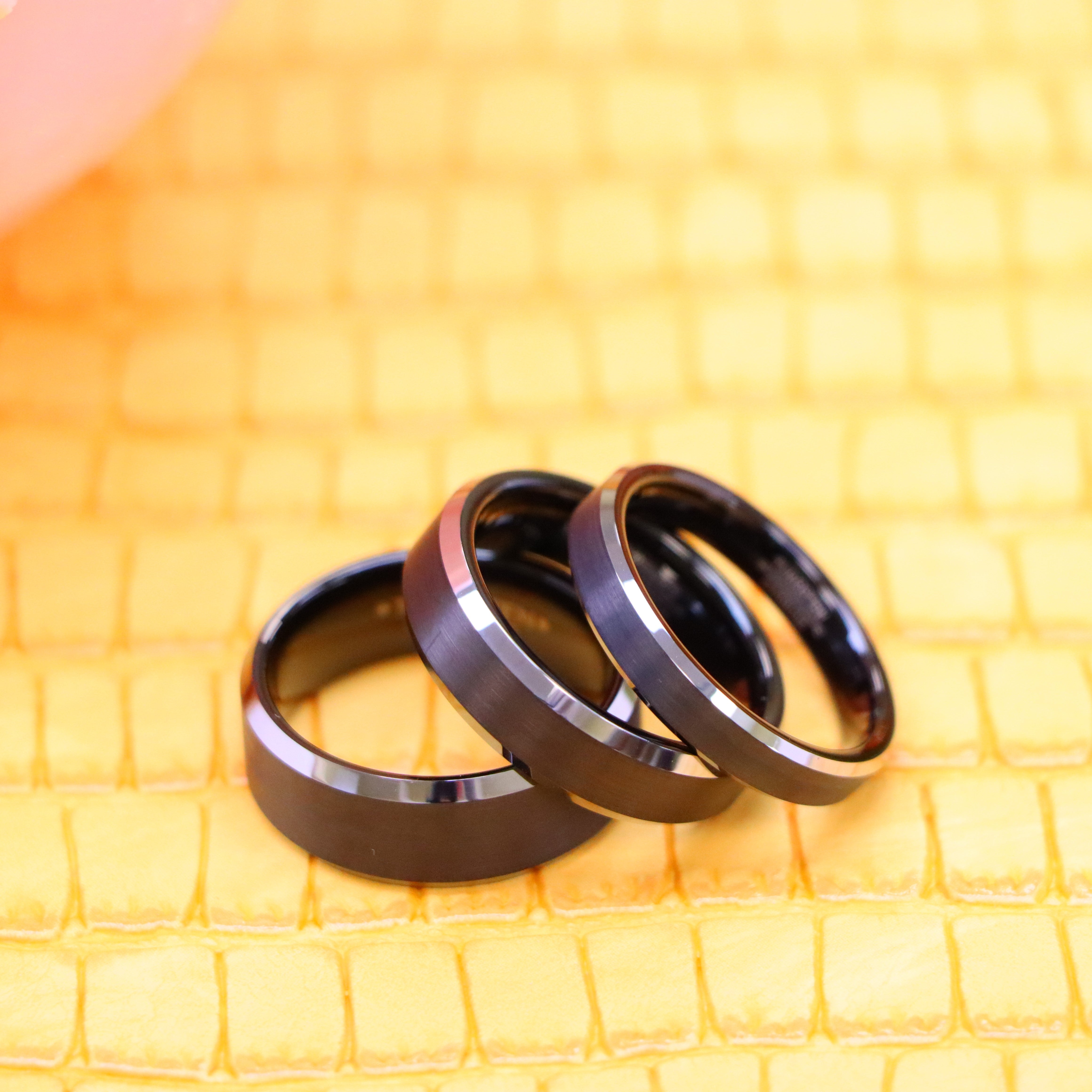 Black IP Plated Brushed Center High Polished Silver Color Beveled Edge Tungsten Ring - Labhu USA