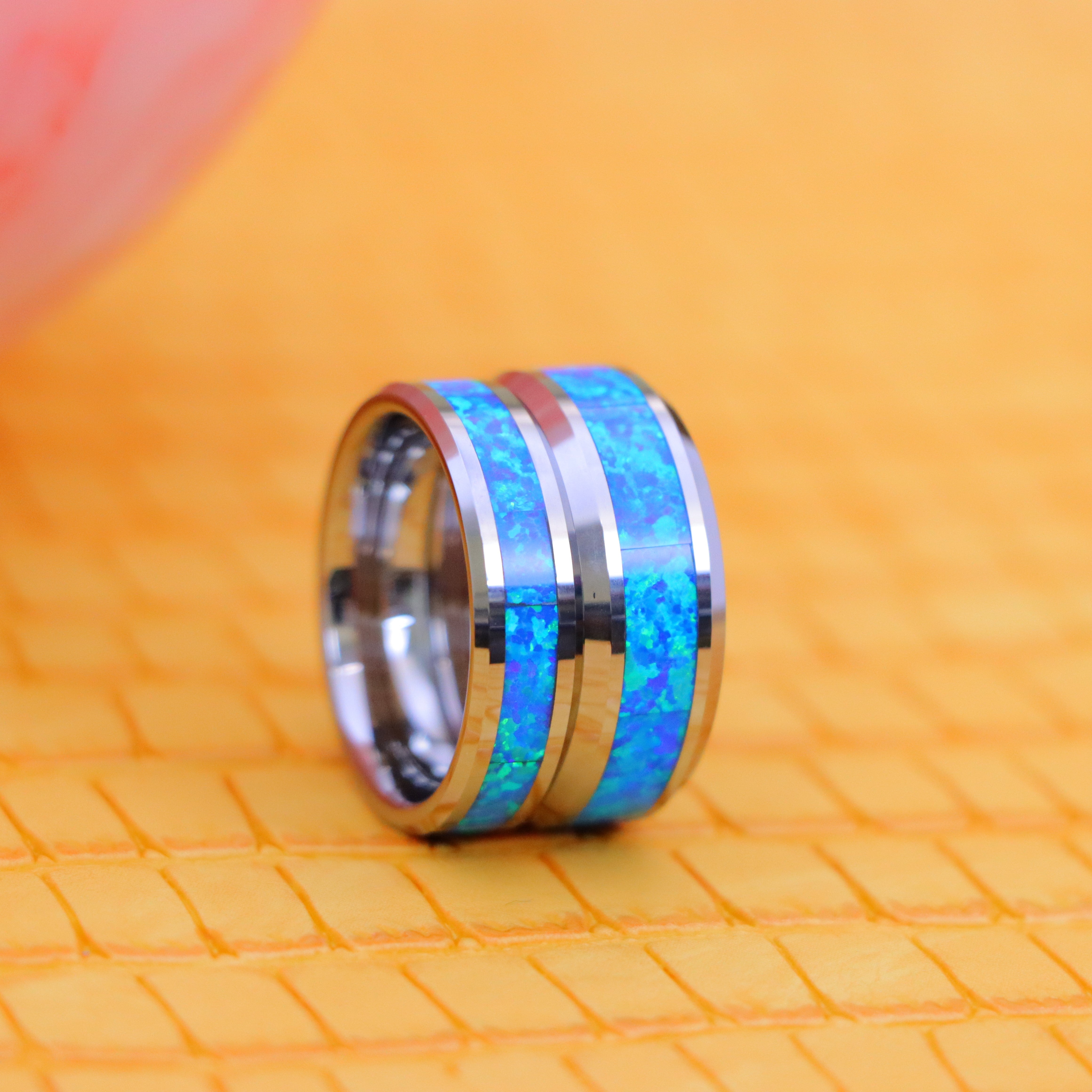 Synthetic Blue Green Opal Inlay Beveled Edge Tungsten Ring - Labhu USA