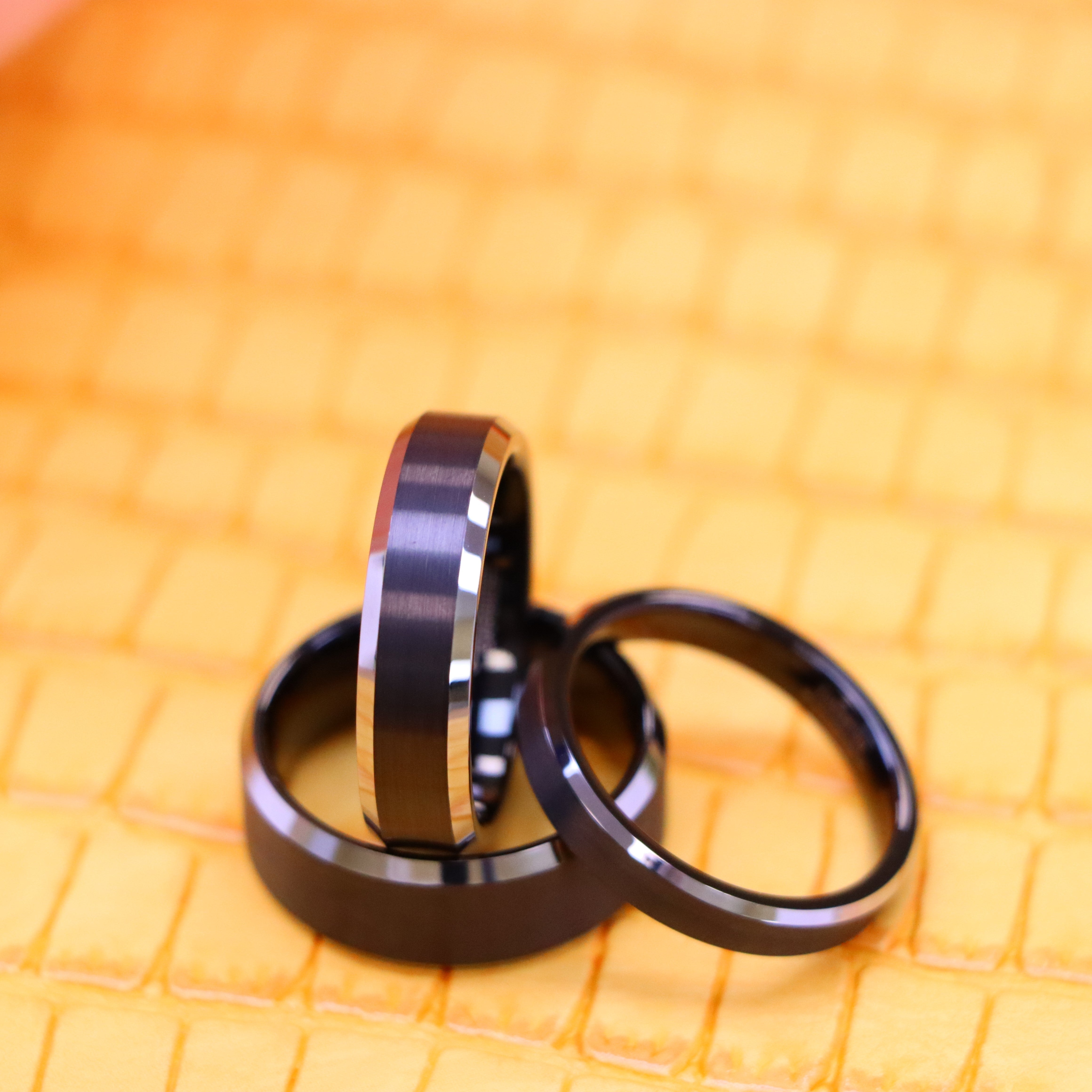 Black IP Plated Brushed Center High Polished Silver Color Beveled Edge Tungsten Ring - Labhu USA