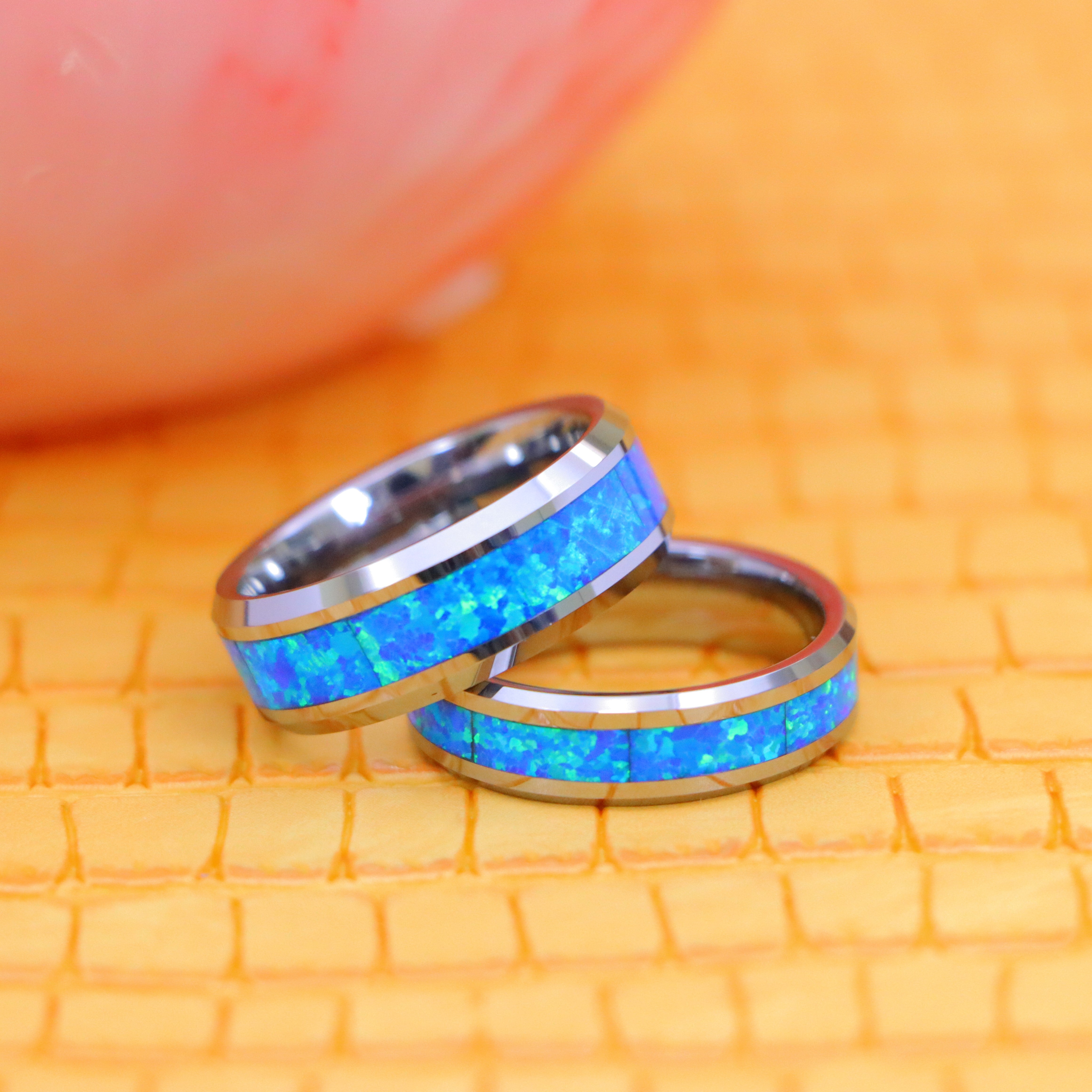 Synthetic Blue Green Opal Inlay Beveled Edge Tungsten Ring - Labhu USA