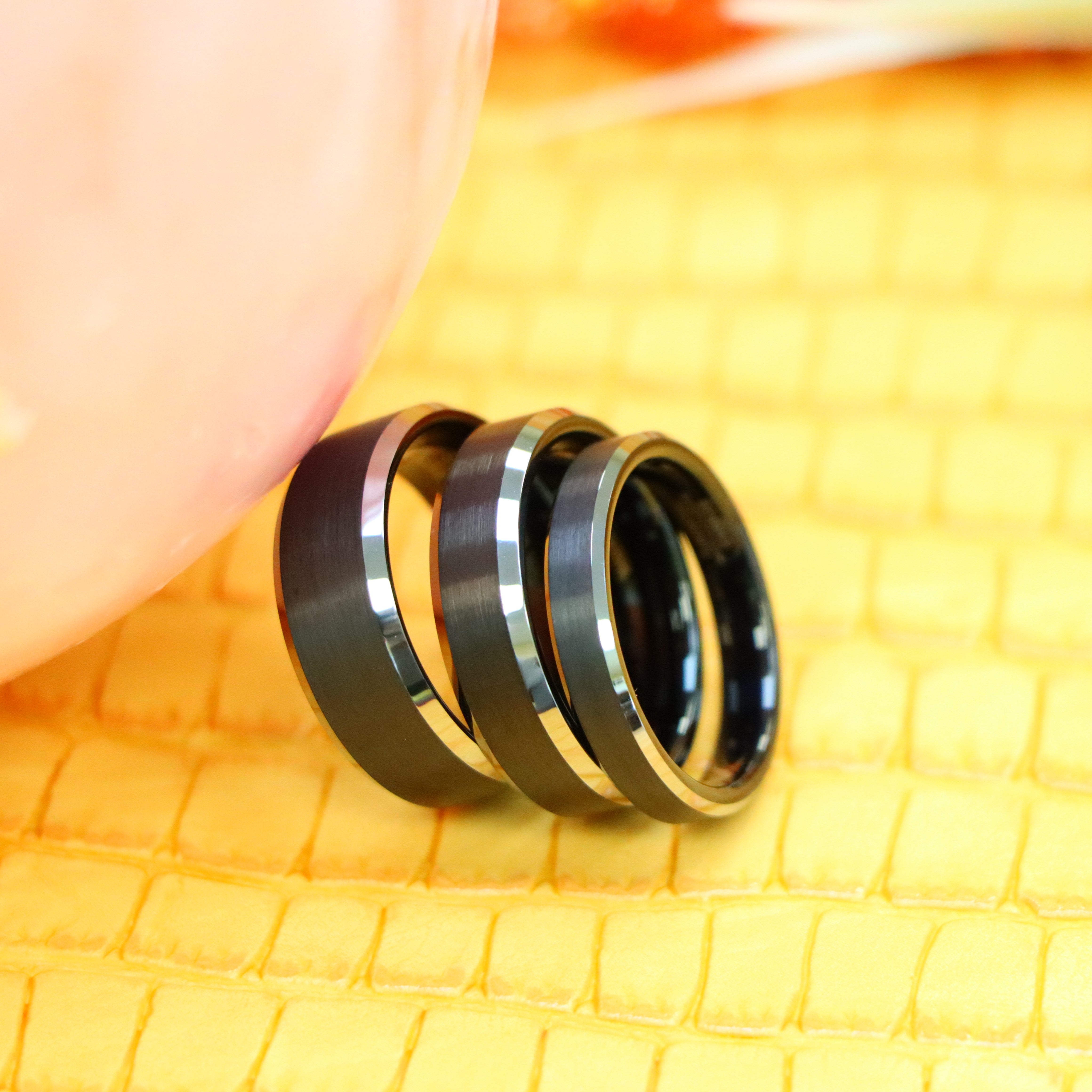Black IP Plated Brushed Center High Polished Silver Color Beveled Edge Tungsten Ring - Labhu USA