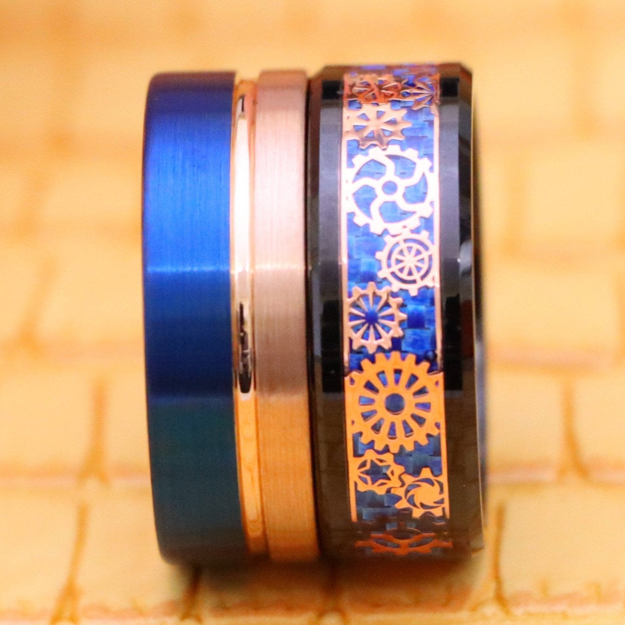 8mm Two-tone Rose & Blue IP Split Pipe-cut/Black & Rose Gold IP Plated Steampunk Gear over Blue Carbon Fiber Inlay Tungsten Ring - Men's Fashion Jewelry Labhu USA