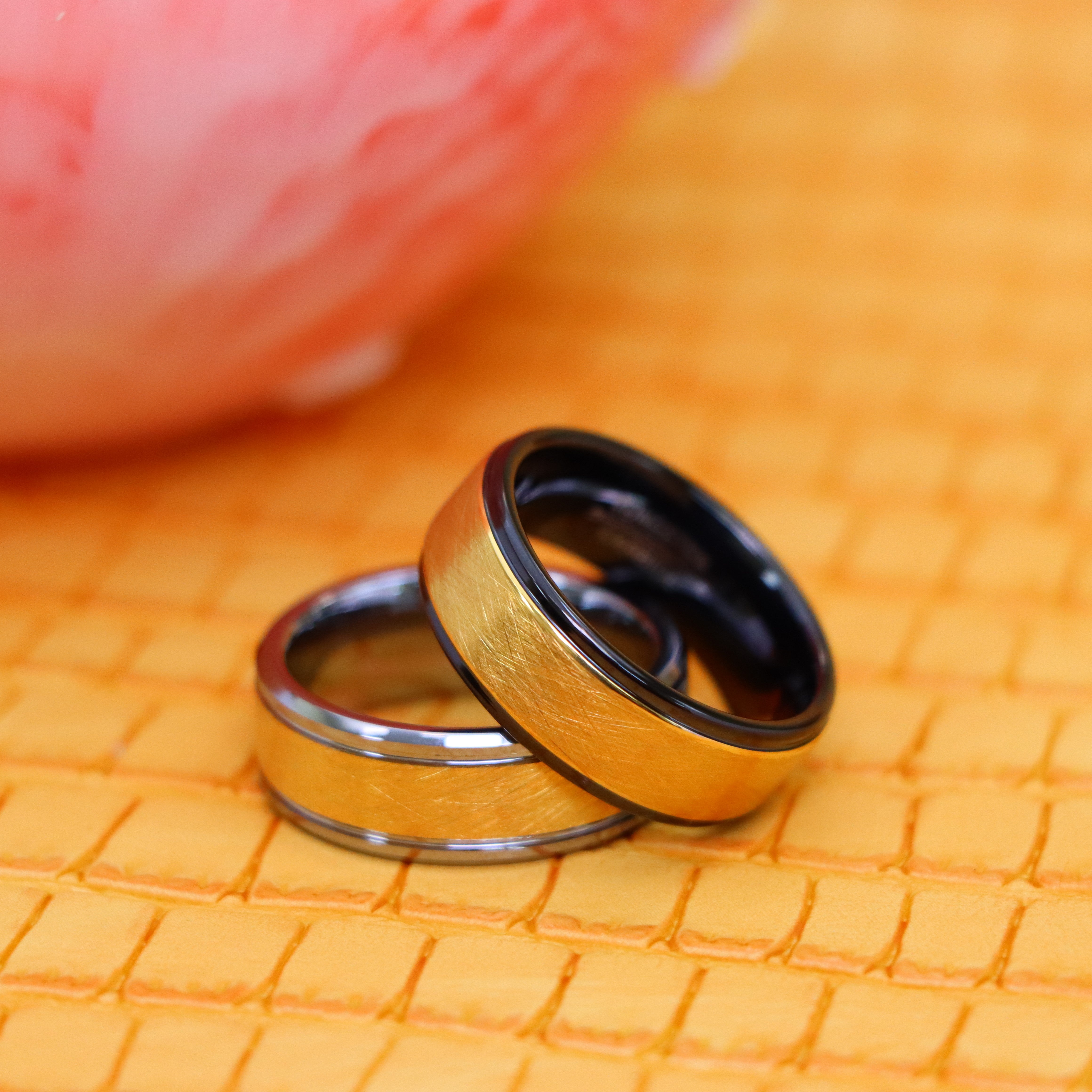 8mm Yellow Gold IP Plated Ice Finish Center Tungsten Ring with Stepped/Beveled Edge Ring - Labhu USA