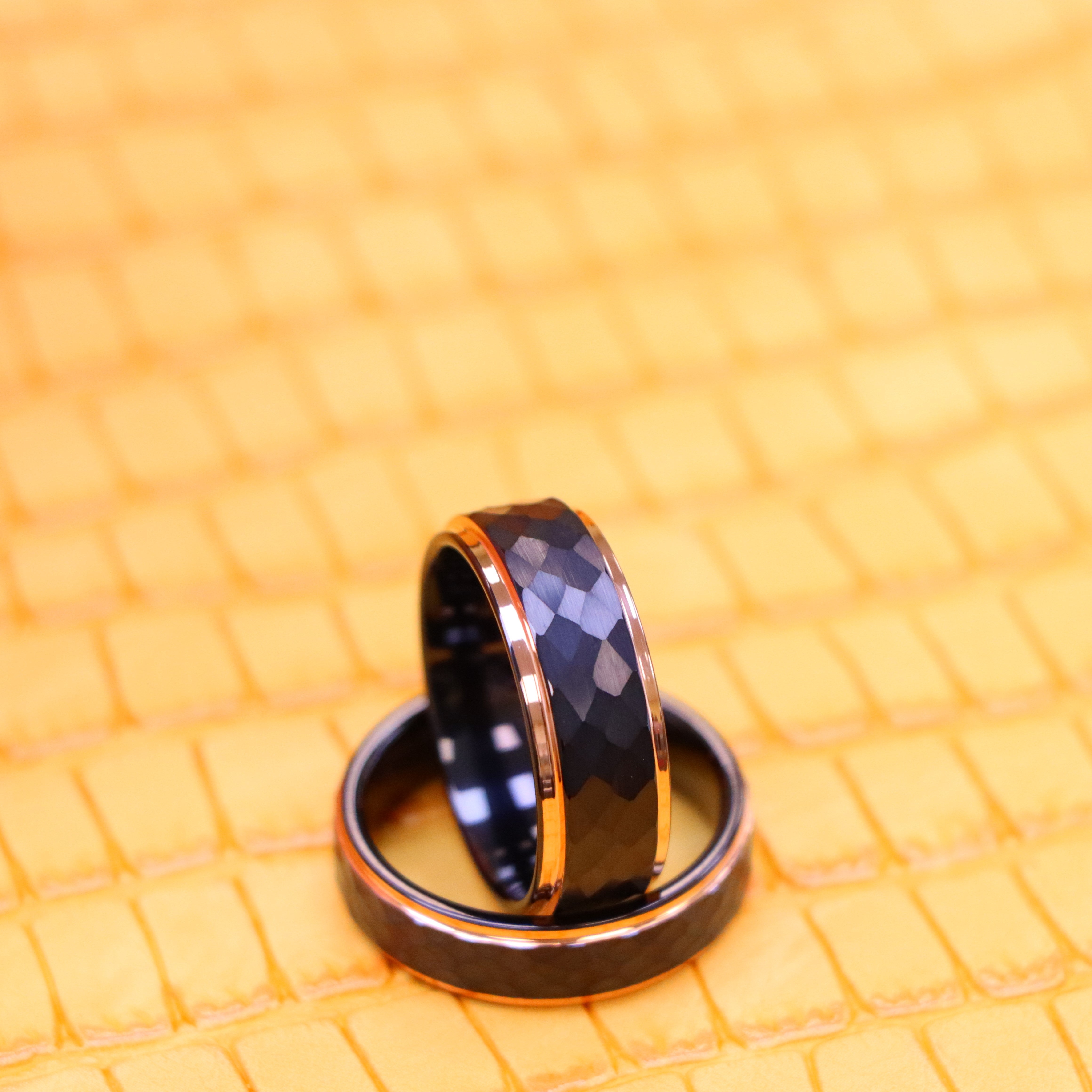 Two-Tone Black & Rose Gold IP Plated Hammered Center Tungsten Ring - Labhu USA
