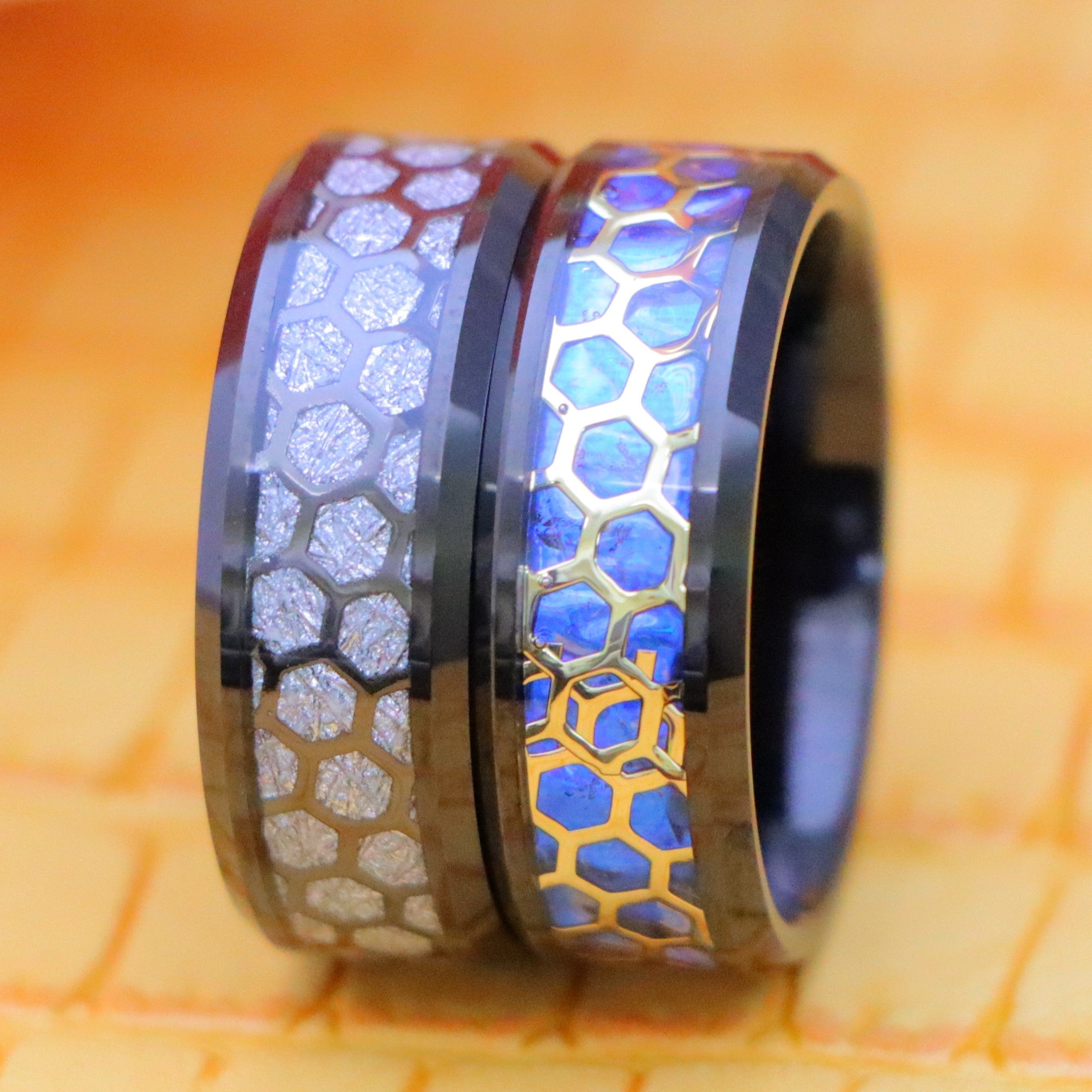 8mm Honeycomb Cut-out over Meteorite/Blue Opal Inlay Beveled Edge Tungsten Ring - Labhu USA