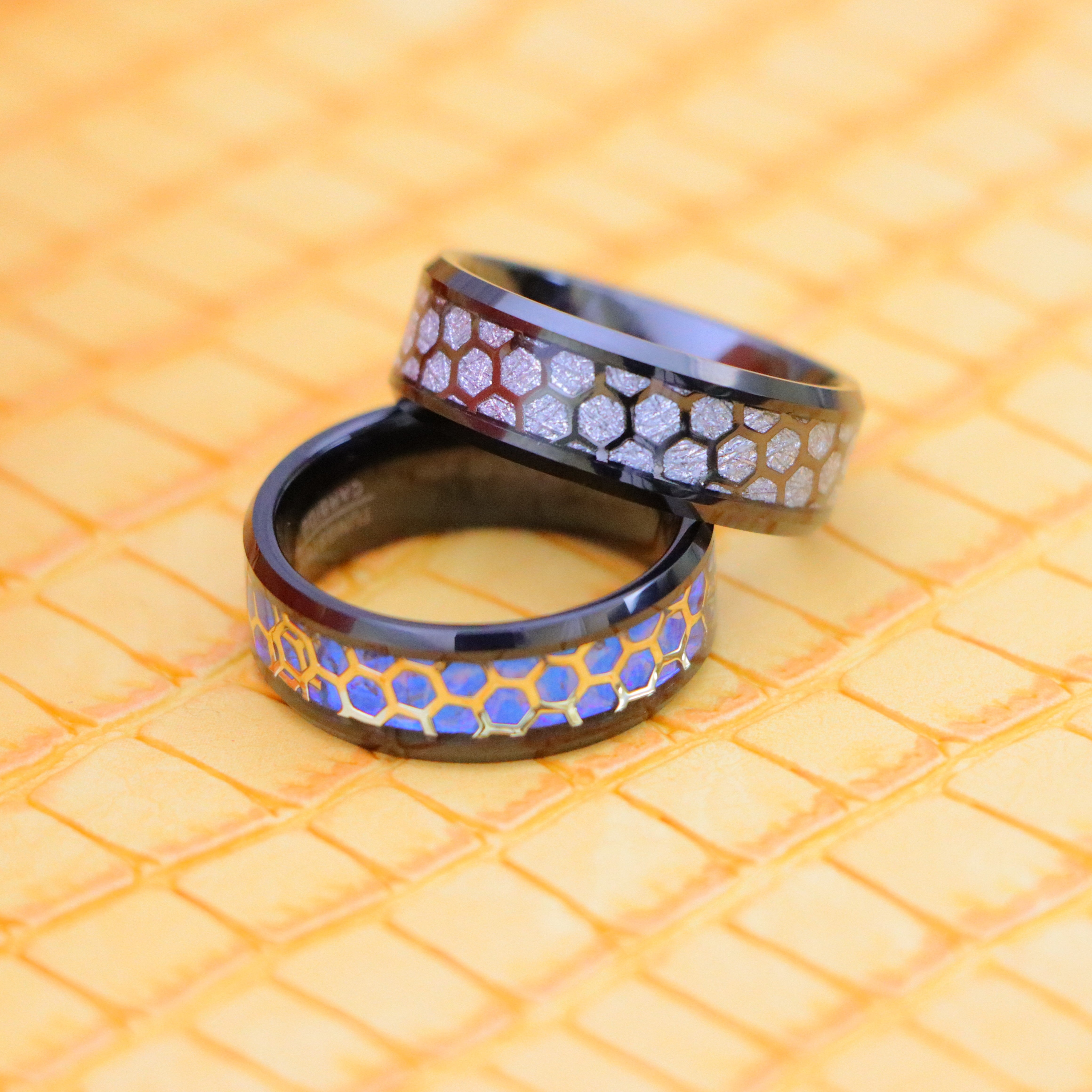 8mm Honeycomb Cut-out over Meteorite/Blue Opal Inlay Beveled Edge Tungsten Ring - Labhu USA