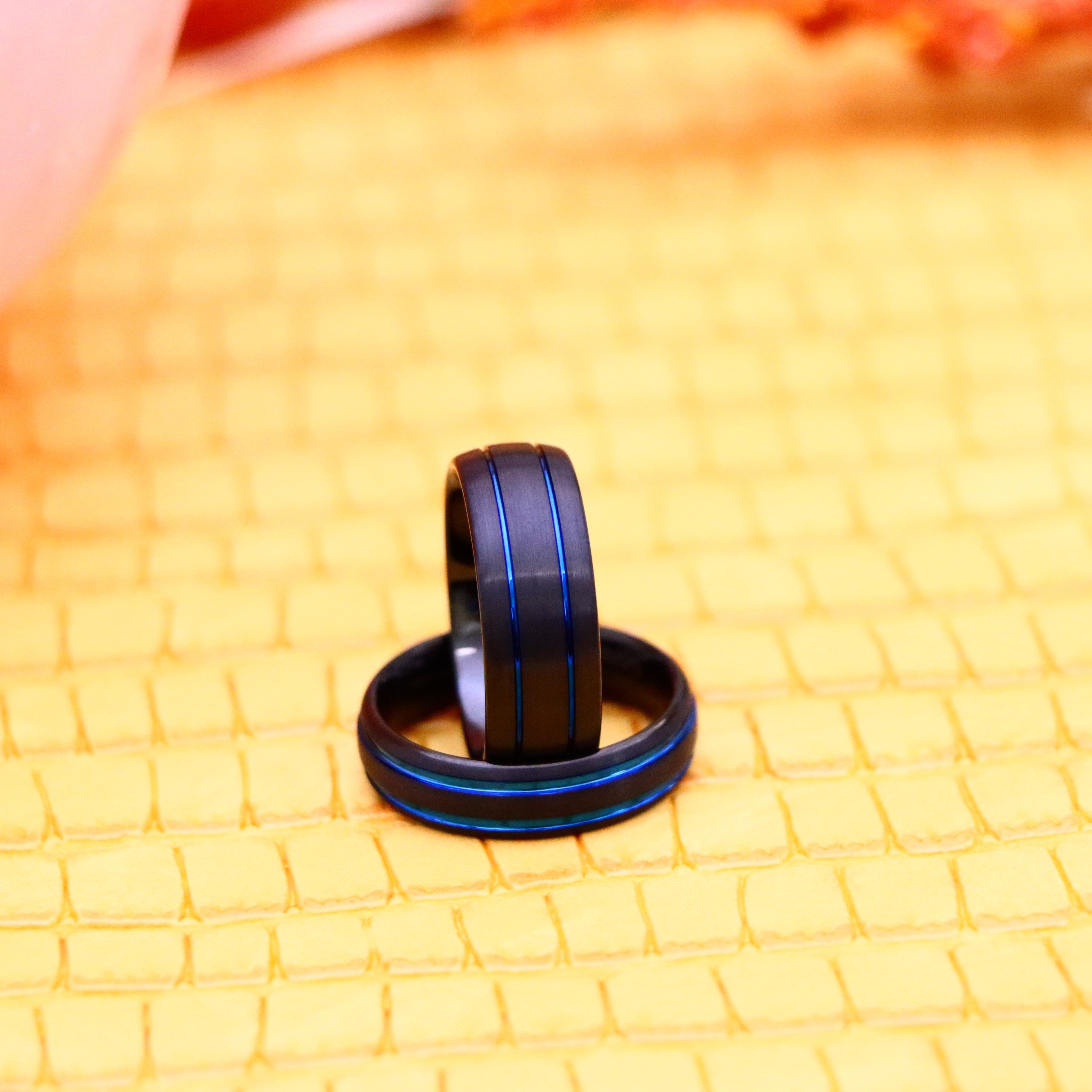 Dome Black IP Tungsten Ring with Two Blue IP Grooves - Labhu USA