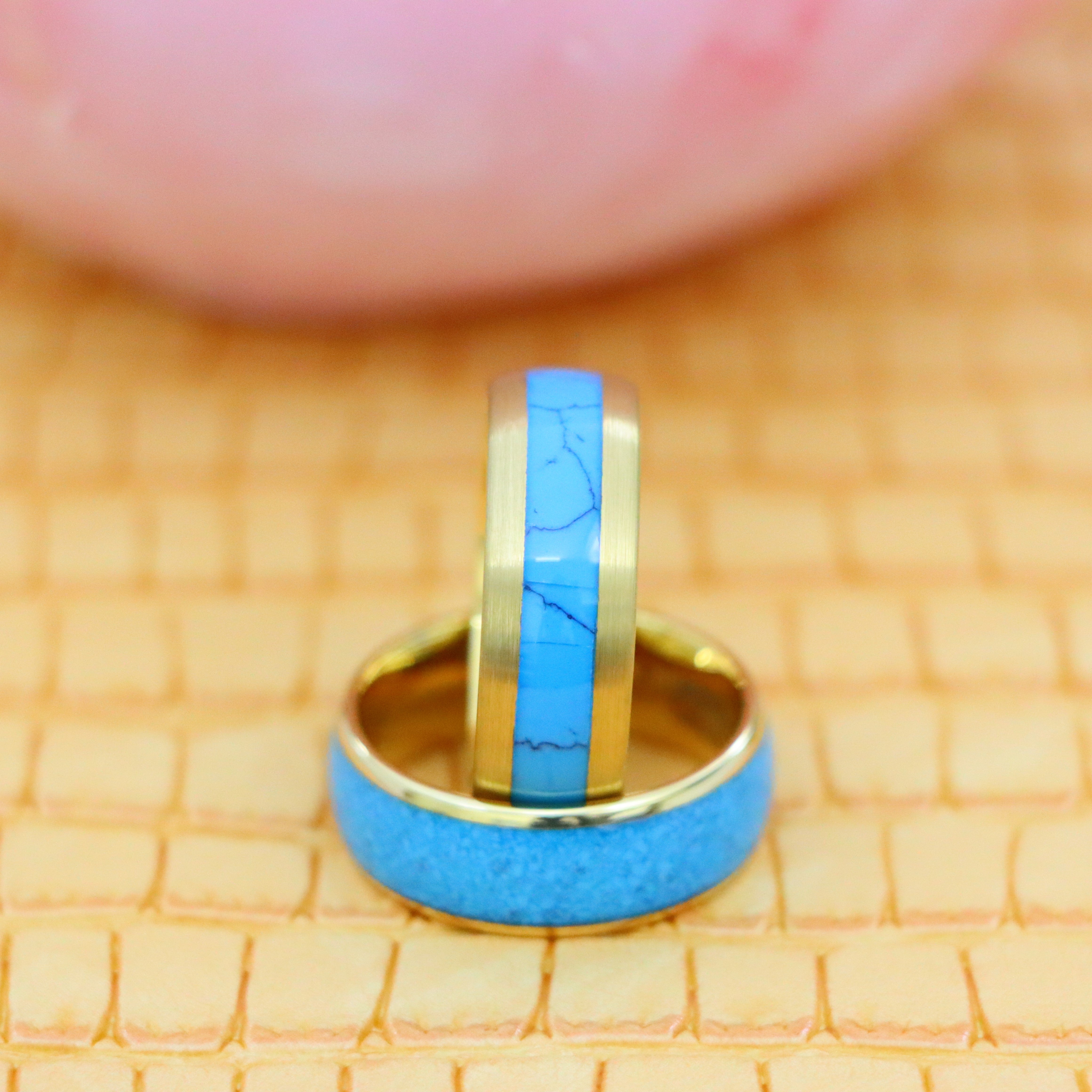 Domed Yellow Gold Plated Blue Turquoise Inlay/ Crushed Turquoise Tungsten Ring - Men's Fashion Jewelry Labhu USA