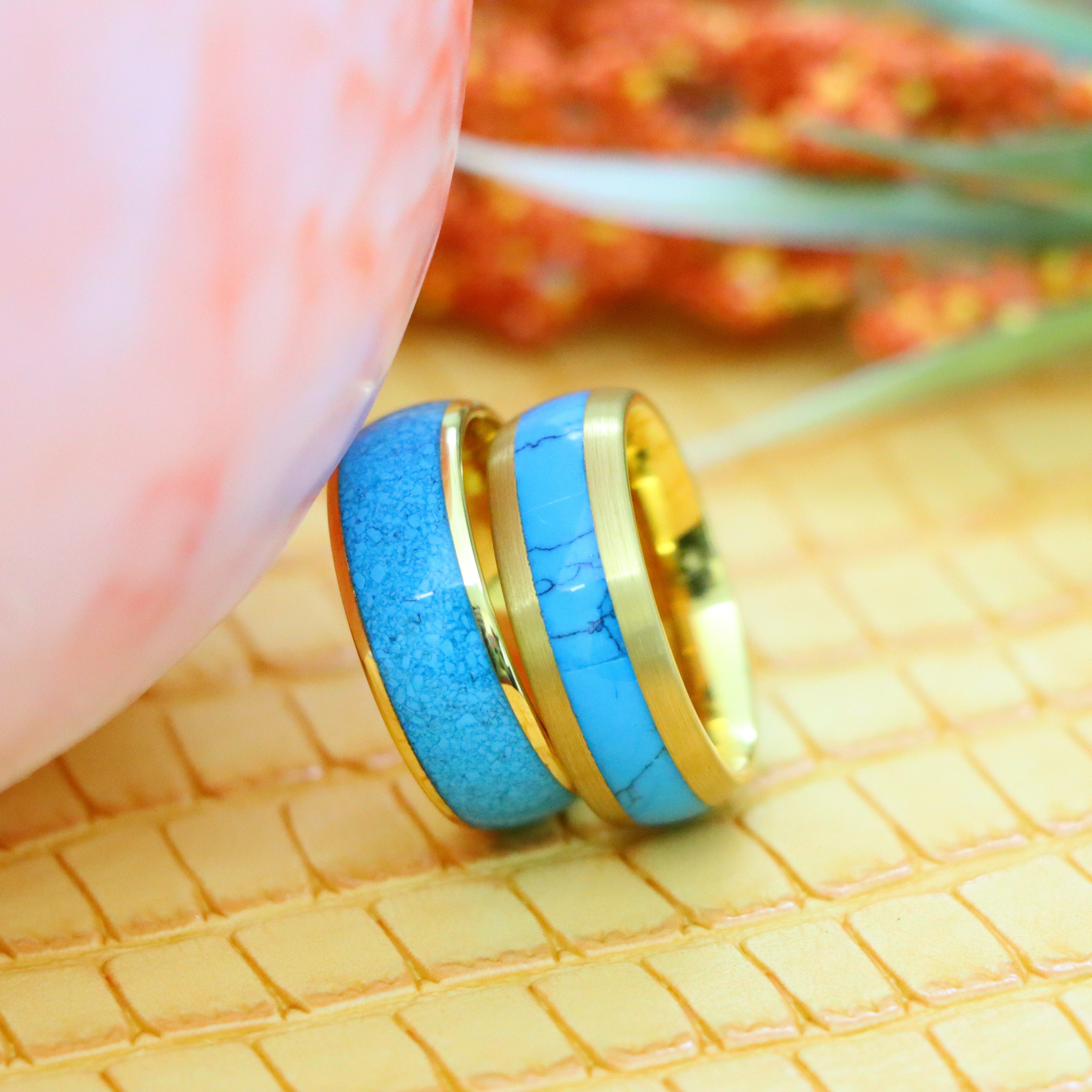 Domed Yellow Gold Plated Blue Turquoise Inlay/ Crushed Turquoise Tungsten Ring - Men's Fashion Jewelry Labhu USA