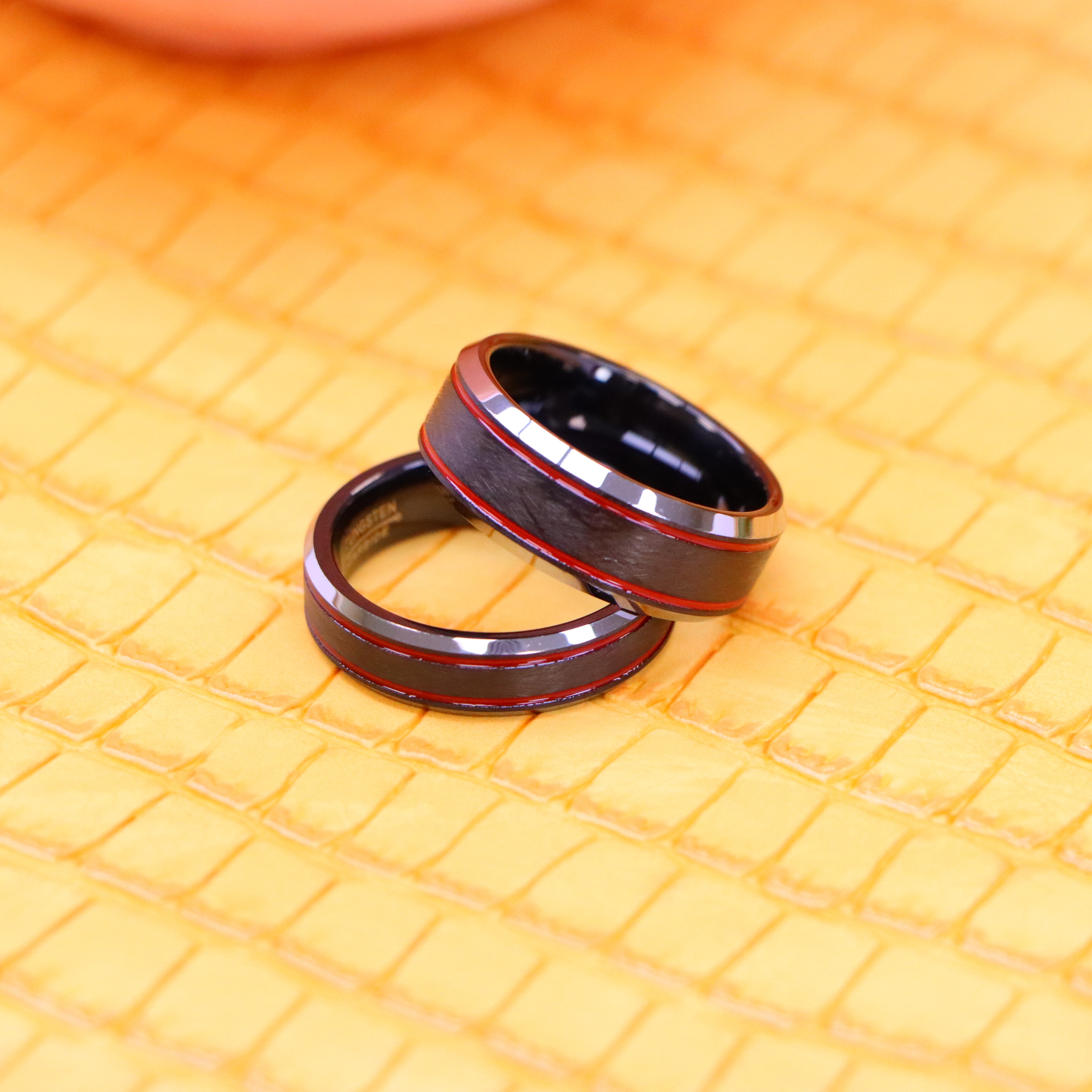 Charcoal Gray IP Plated Ice Finish with 2 Red Stripes Tungsten Ring - Labhu USA