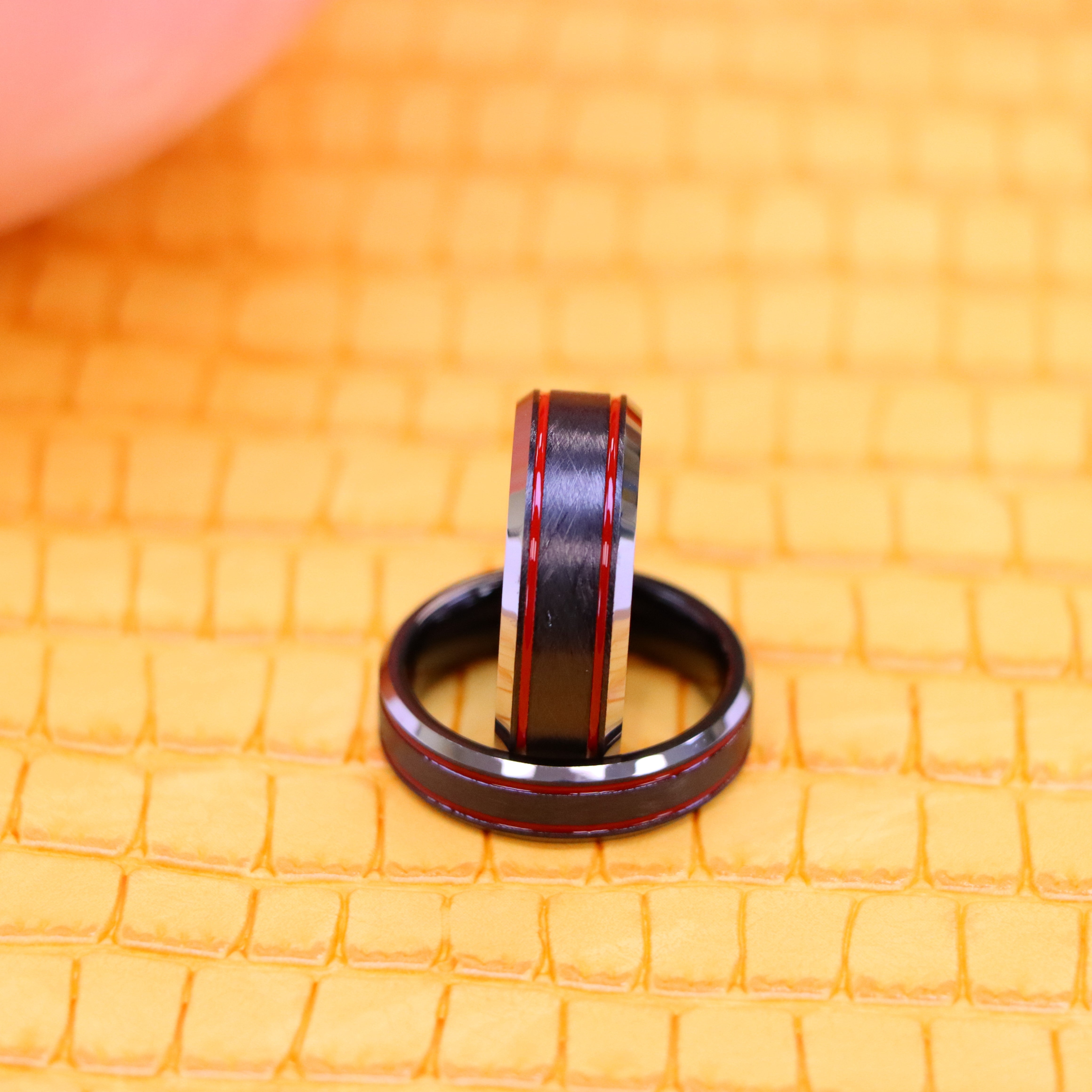 Charcoal Gray IP Plated Ice Finish with 2 Red Stripes Tungsten Ring - Labhu USA