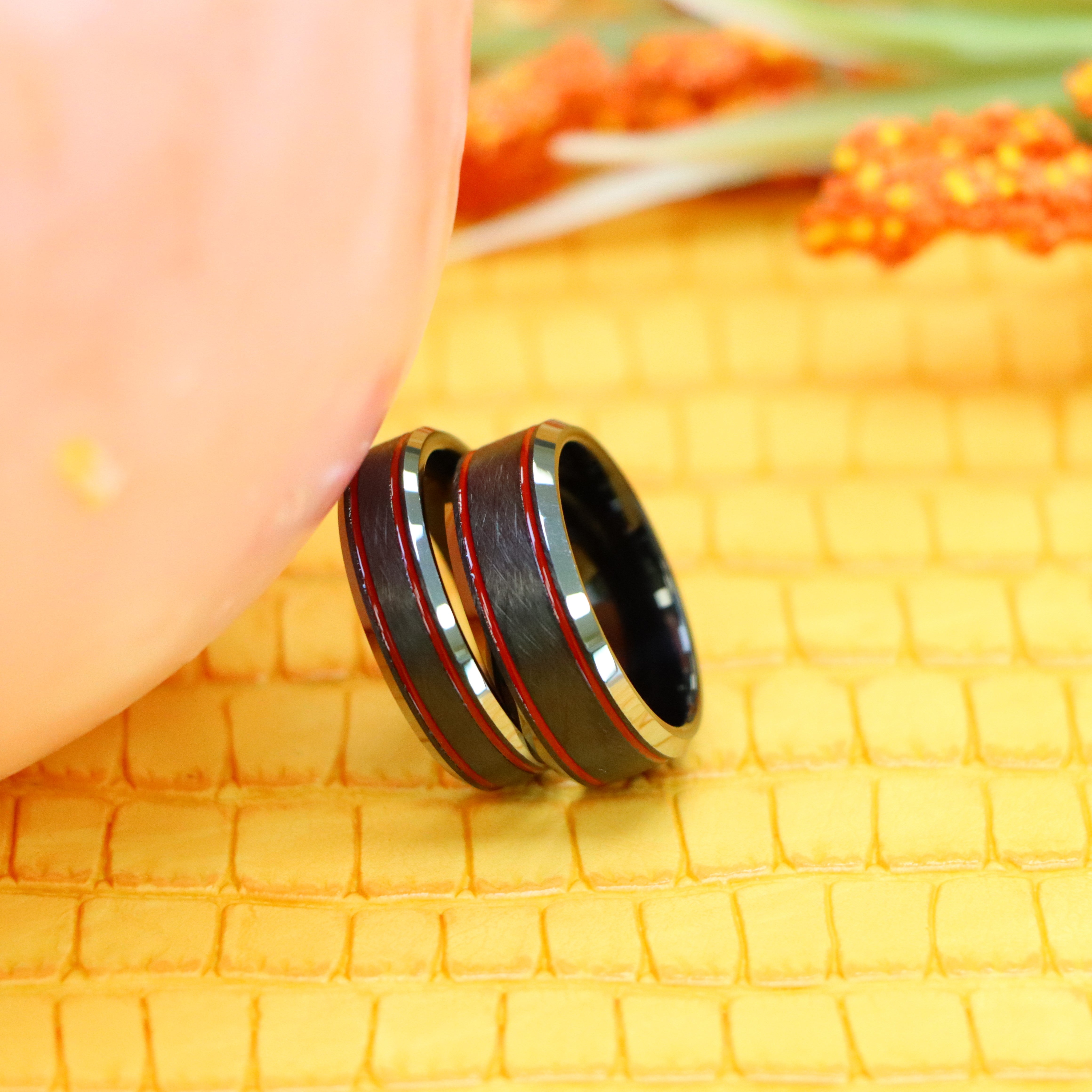 Charcoal Gray IP Plated Ice Finish with 2 Red Stripes Tungsten Ring - Labhu USA