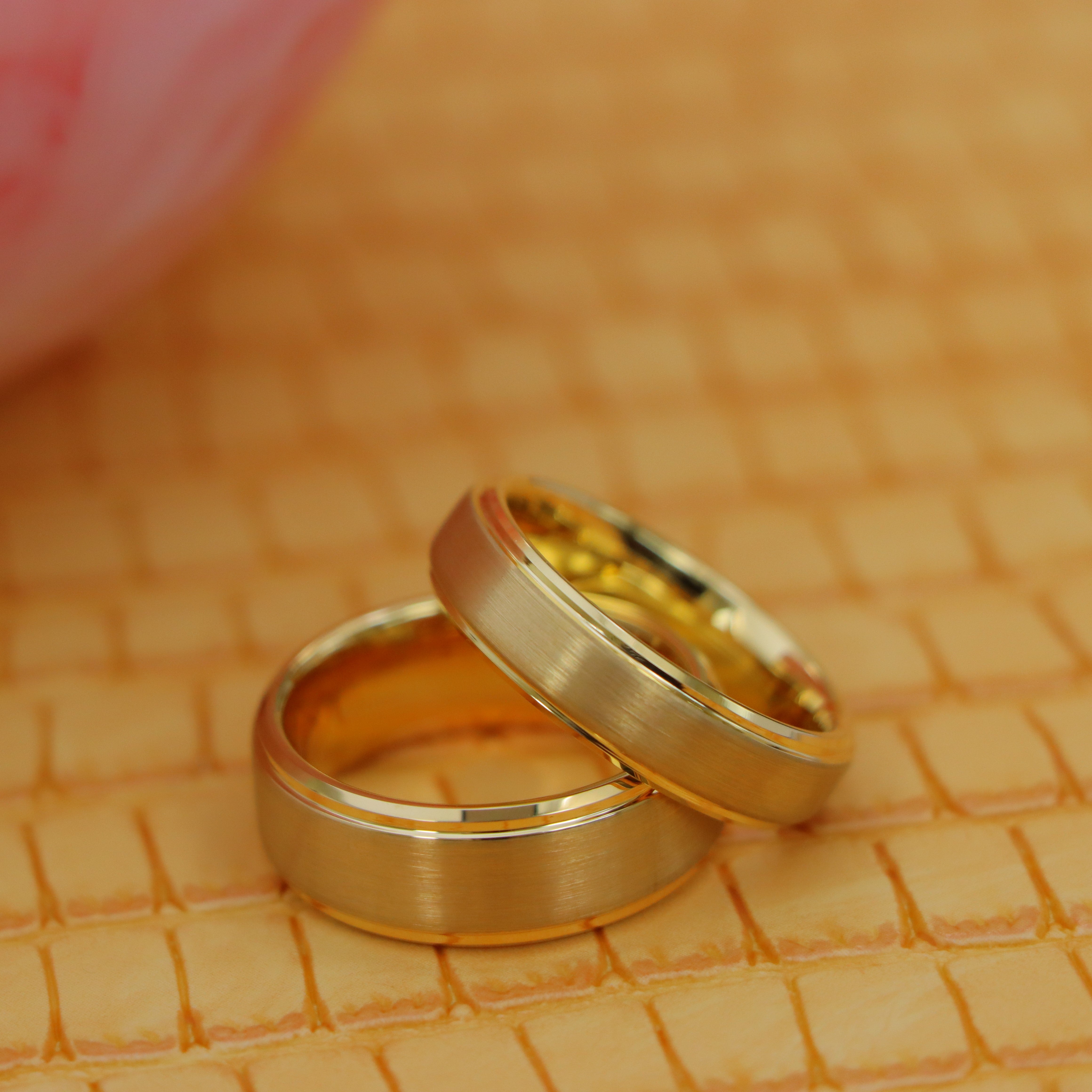 Yellow Gold IP Plated Flat Brushed Center with High Polish Stepped Edge Tungsten Ring - Labhu USA