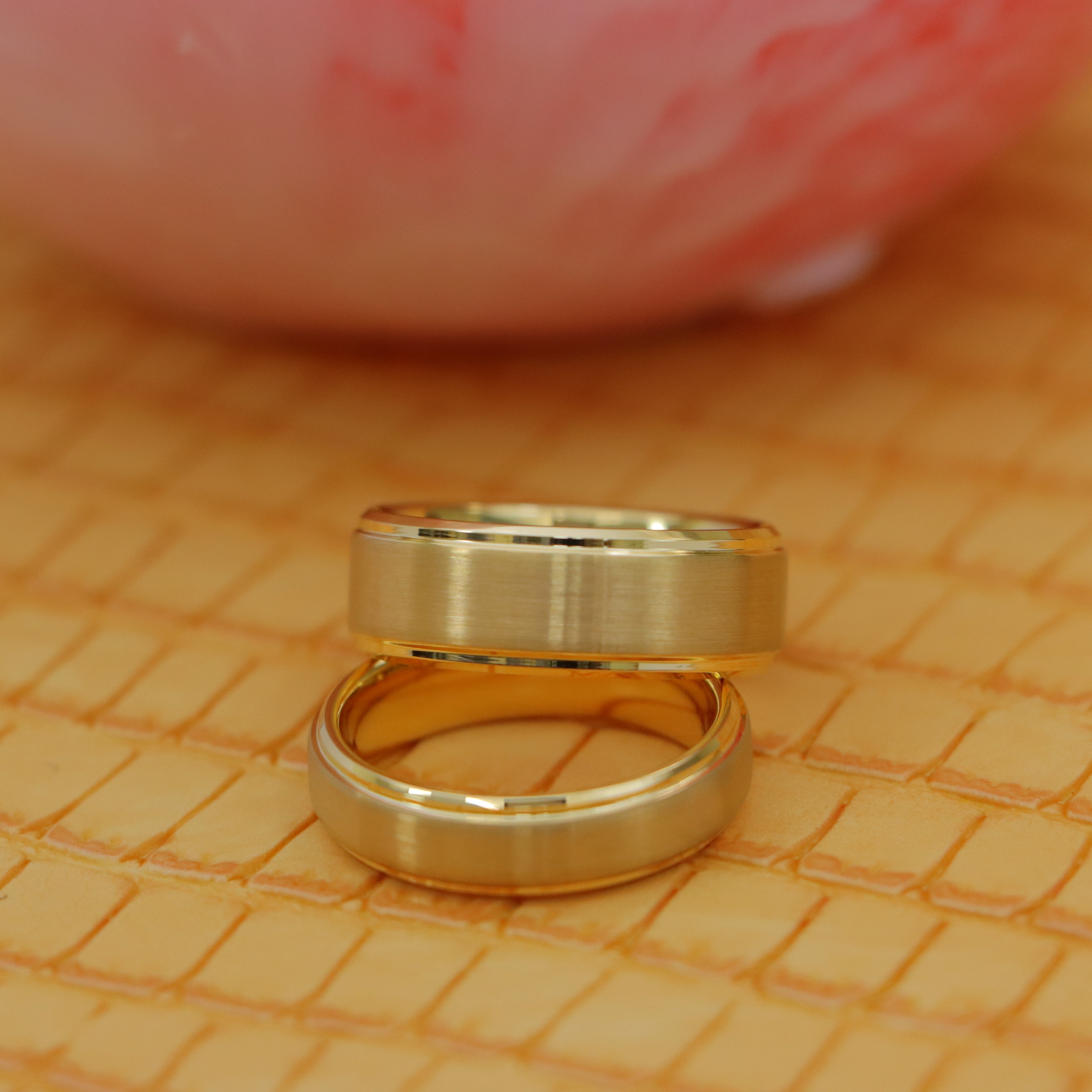 Yellow Gold IP Plated Flat Brushed Center with High Polish Stepped Edge Tungsten Ring - Labhu USA