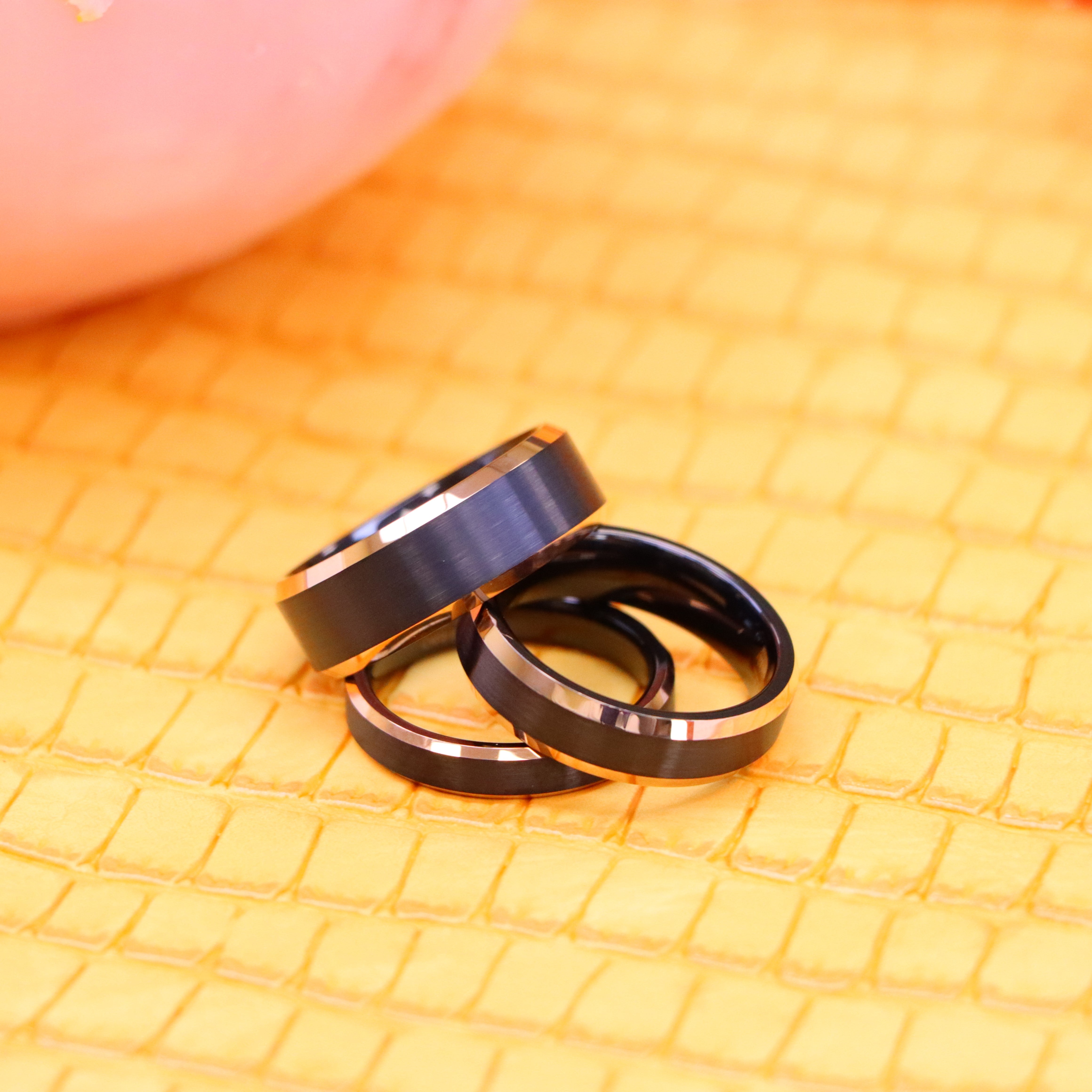 Two-Tone Black & Rose Gold IP Brushed Center Shiny Beveled Edge Tungsten Ring - Men's Fashion Jewelry Labhu USA