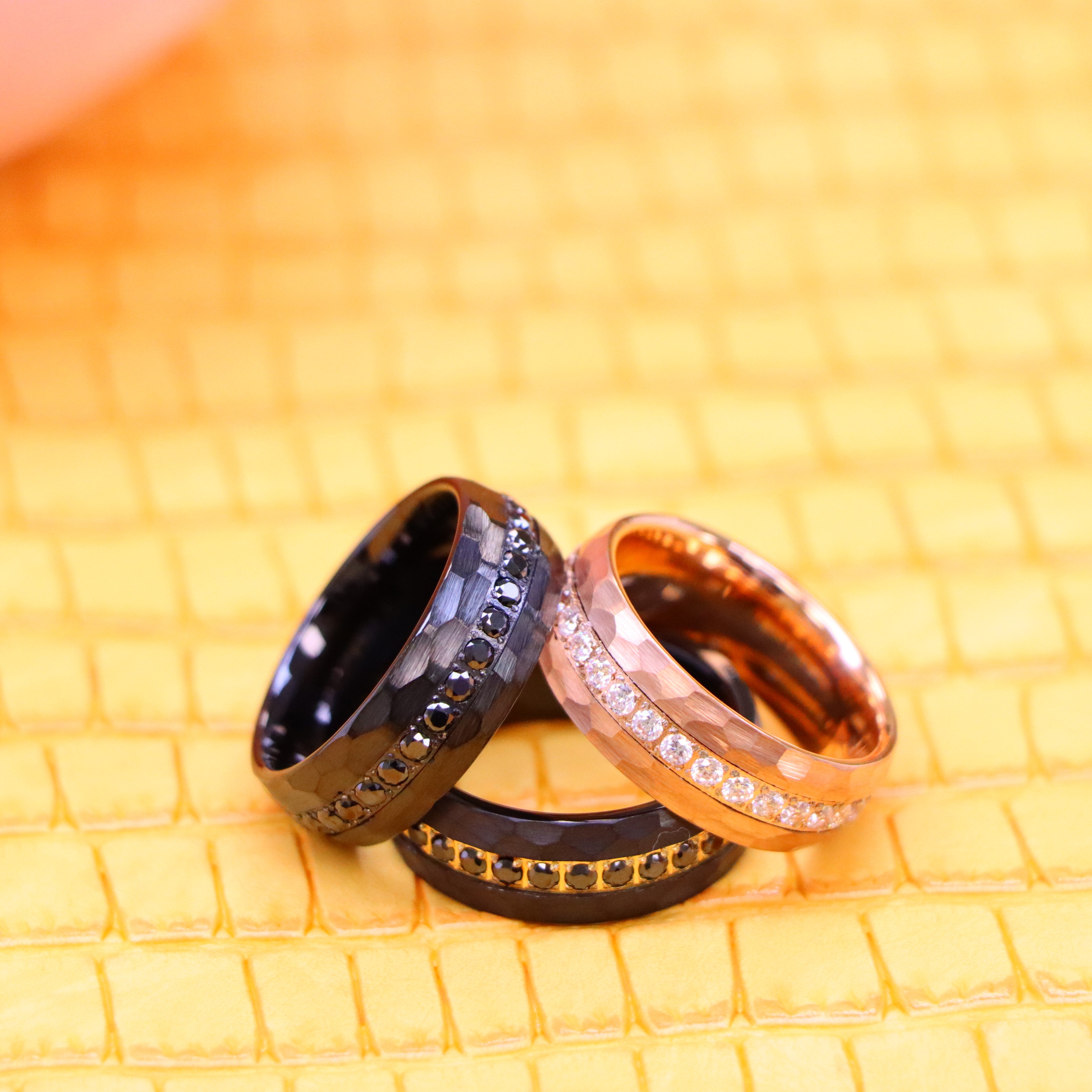 8mm Hammered Black IP Plated / Rose Gold IP Plated Prong-set Round-cut Black CZ Eternity Tungsten Ring - Labhu USA