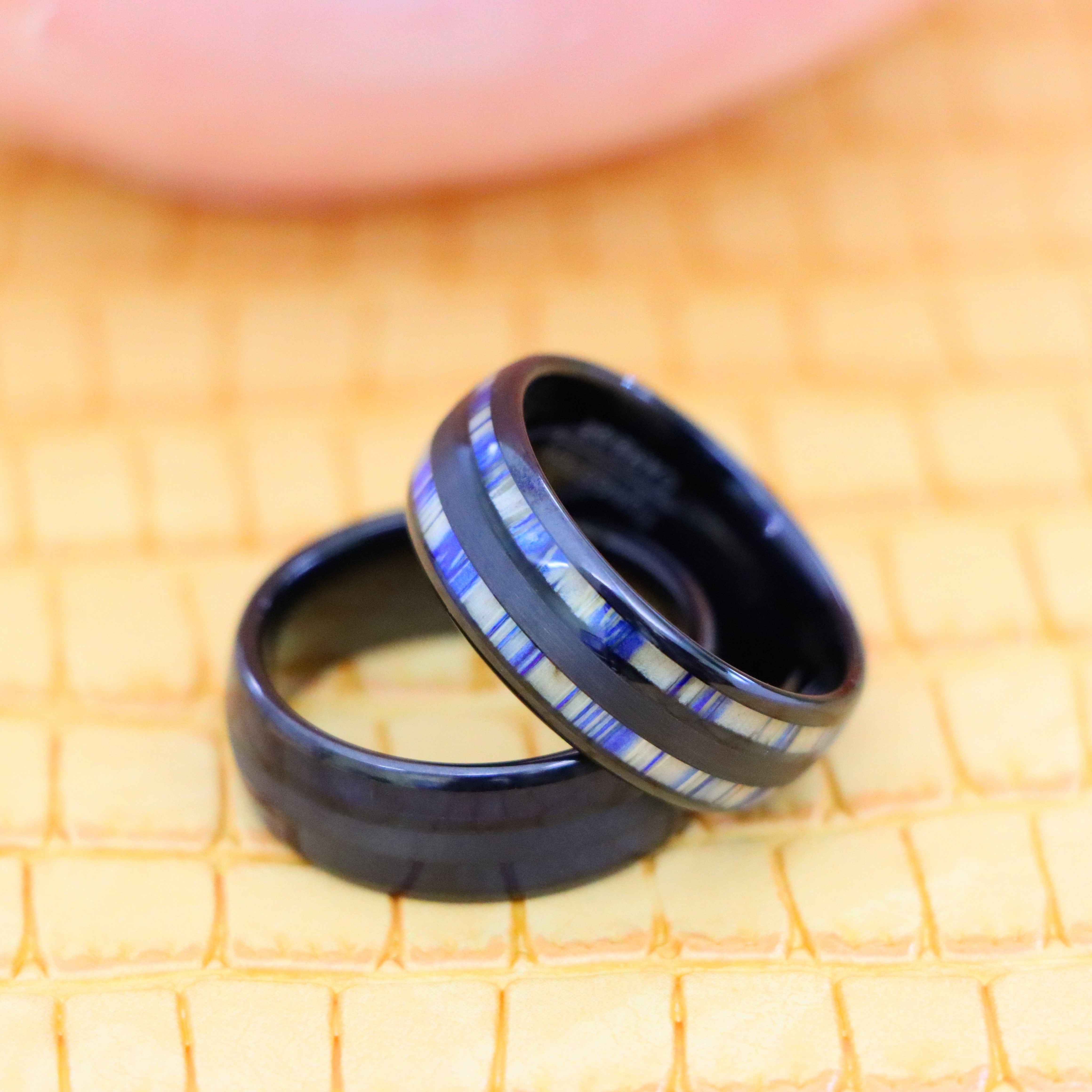 8mm Black & Blue Wood Inlay and 8mm Black & Blue Dyed Bamboo Inlay Tungsten Men's Rings - one on one spreaded view