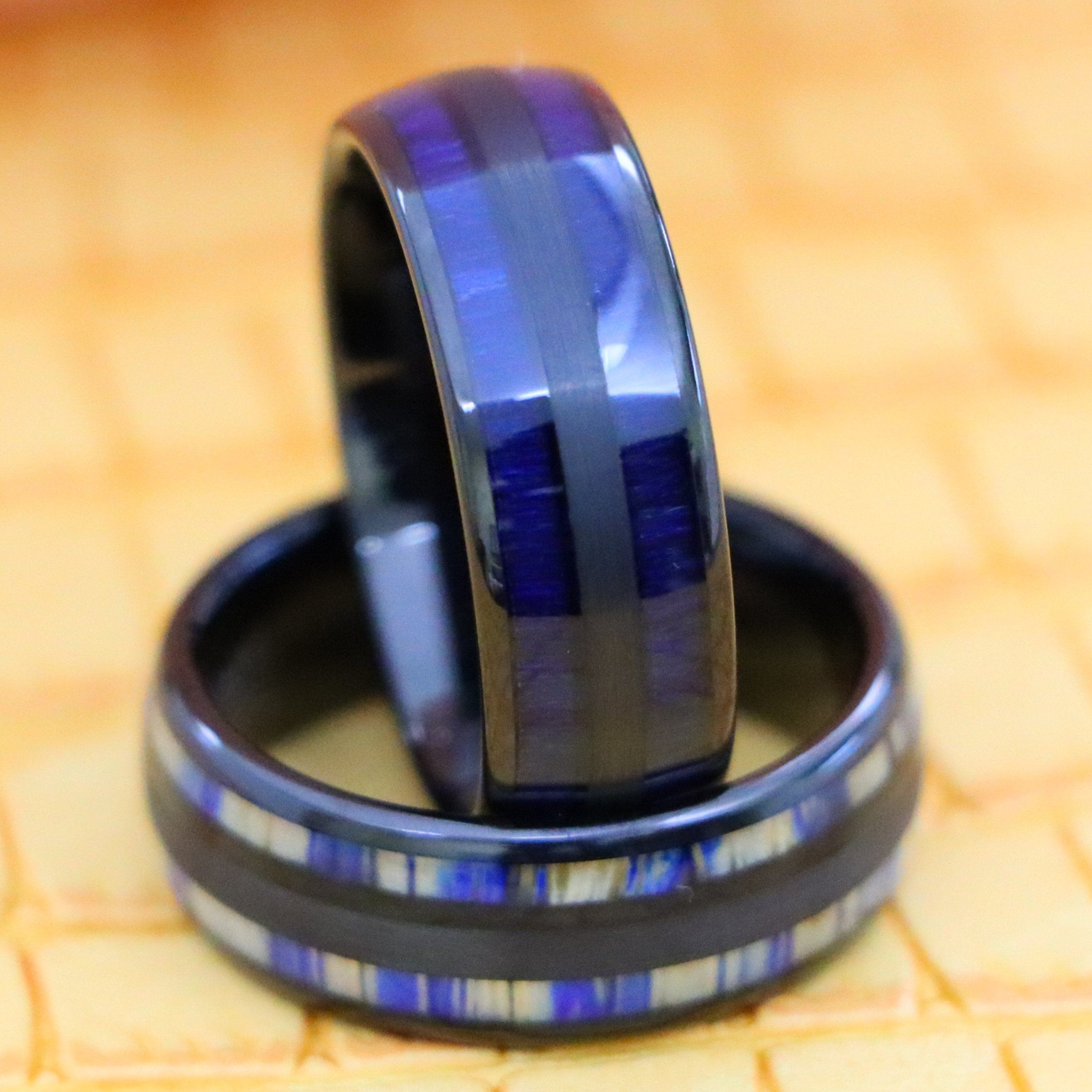 8mm Black & Blue Wood Inlay and 8mm Black & Blue Dyed Bamboo Inlay Tungsten Men's Rings - Clear Product View image