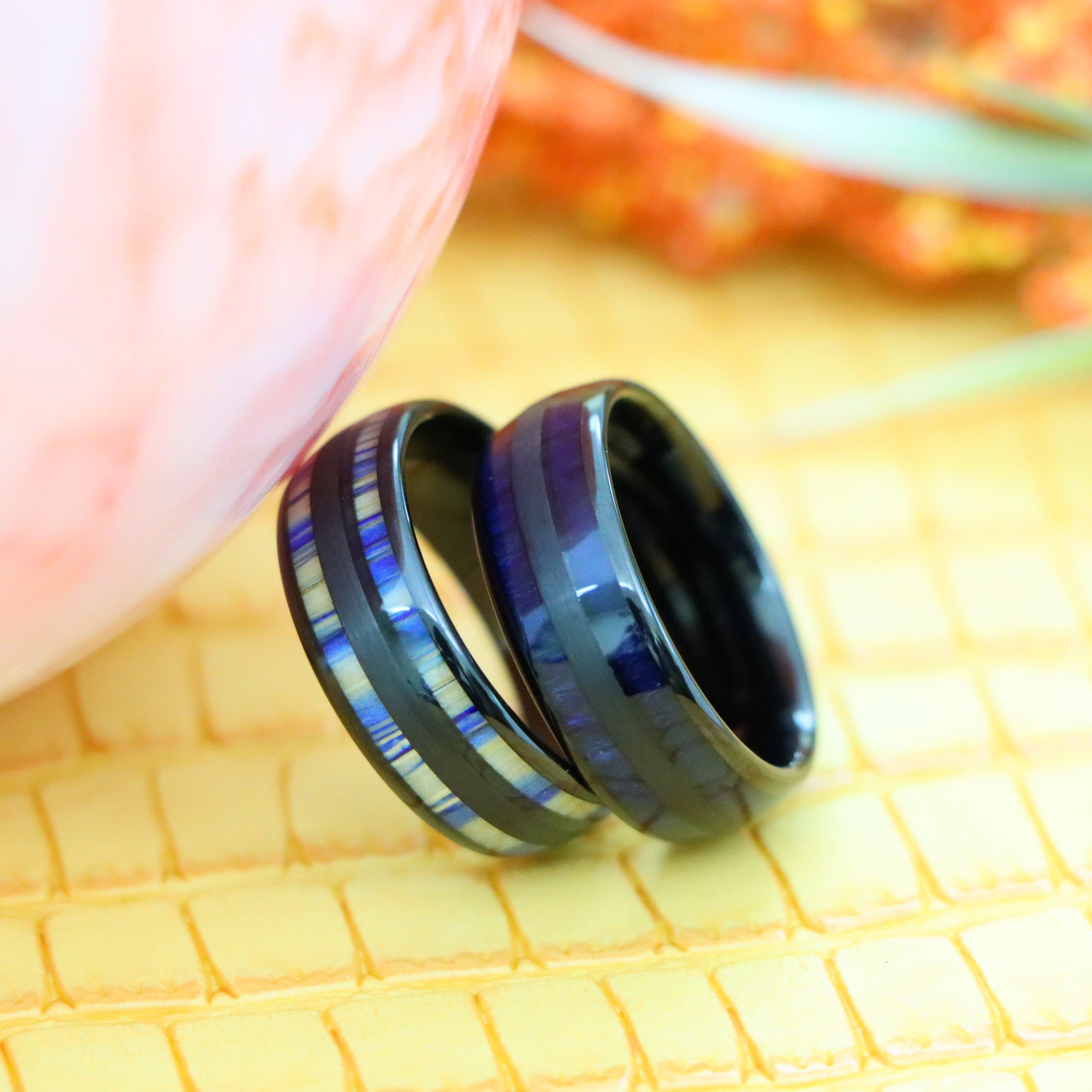 8mm Black & Blue Wood Inlay and 8mm Black & Blue Dyed Bamboo Inlay Tungsten Men's Rings - Front View