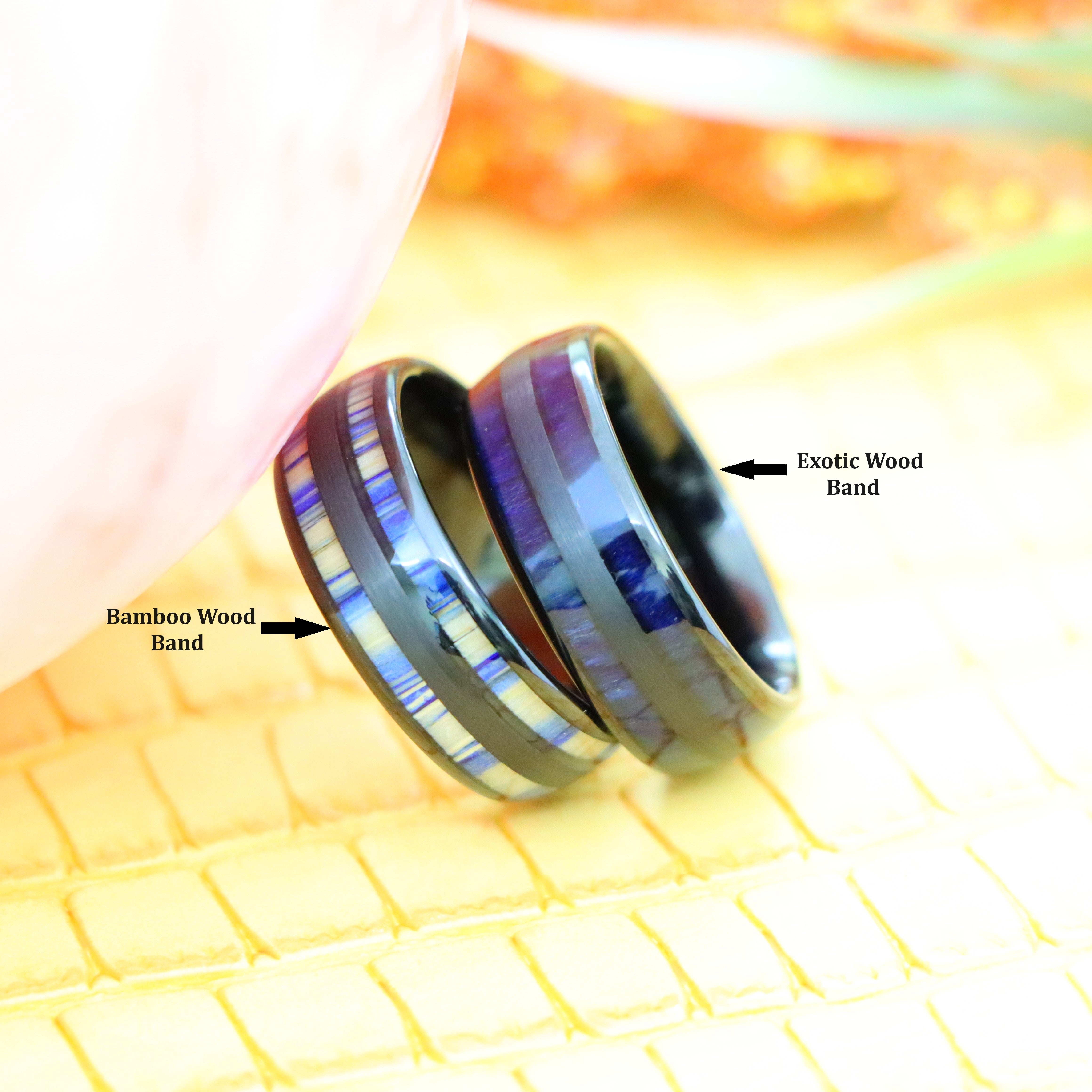 8mm Black & Blue Wood Inlay and 8mm Black & Blue Dyed Bamboo Inlay Tungsten Men's Rings - bamboo wood band and exotic wood band with tags