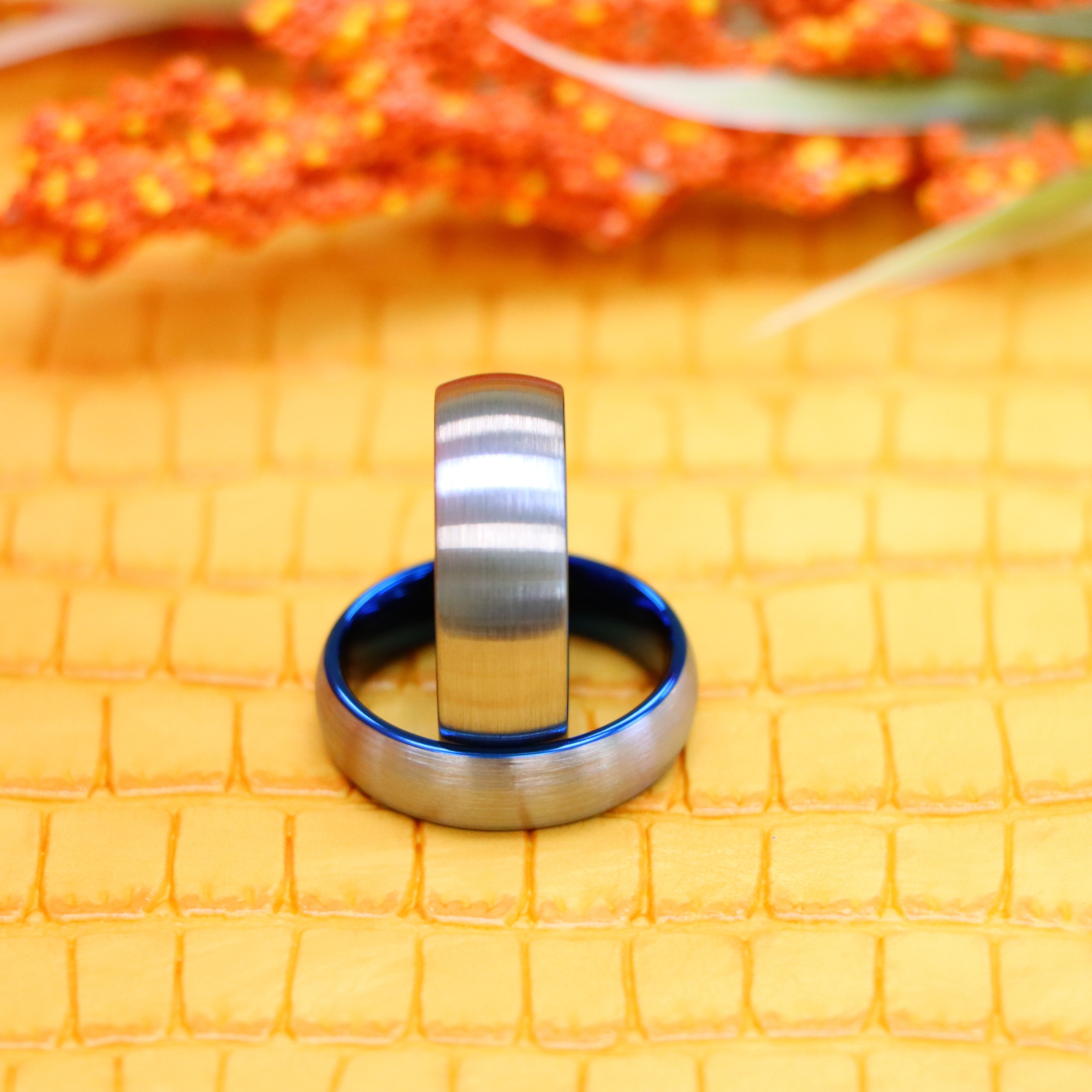 Domed Blue IP Plated Inside & Gun Metal Brushed Center Tungsten Ring - Labhu USA