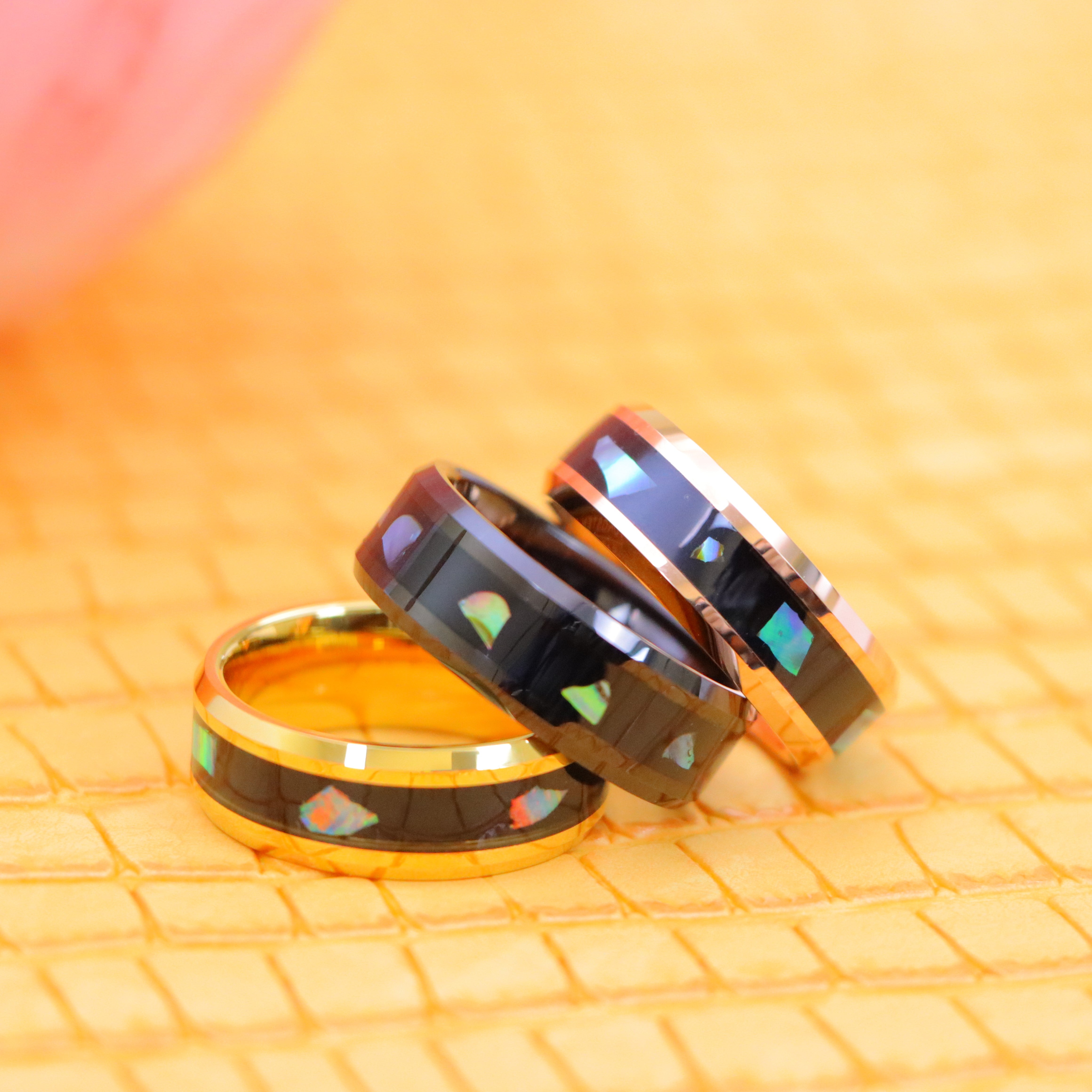 Yellow Gold IP/Black IP/Rose Gold IP Plated Abalone Shell Fragments Inlay Tungsten Ring - Labhu USA
