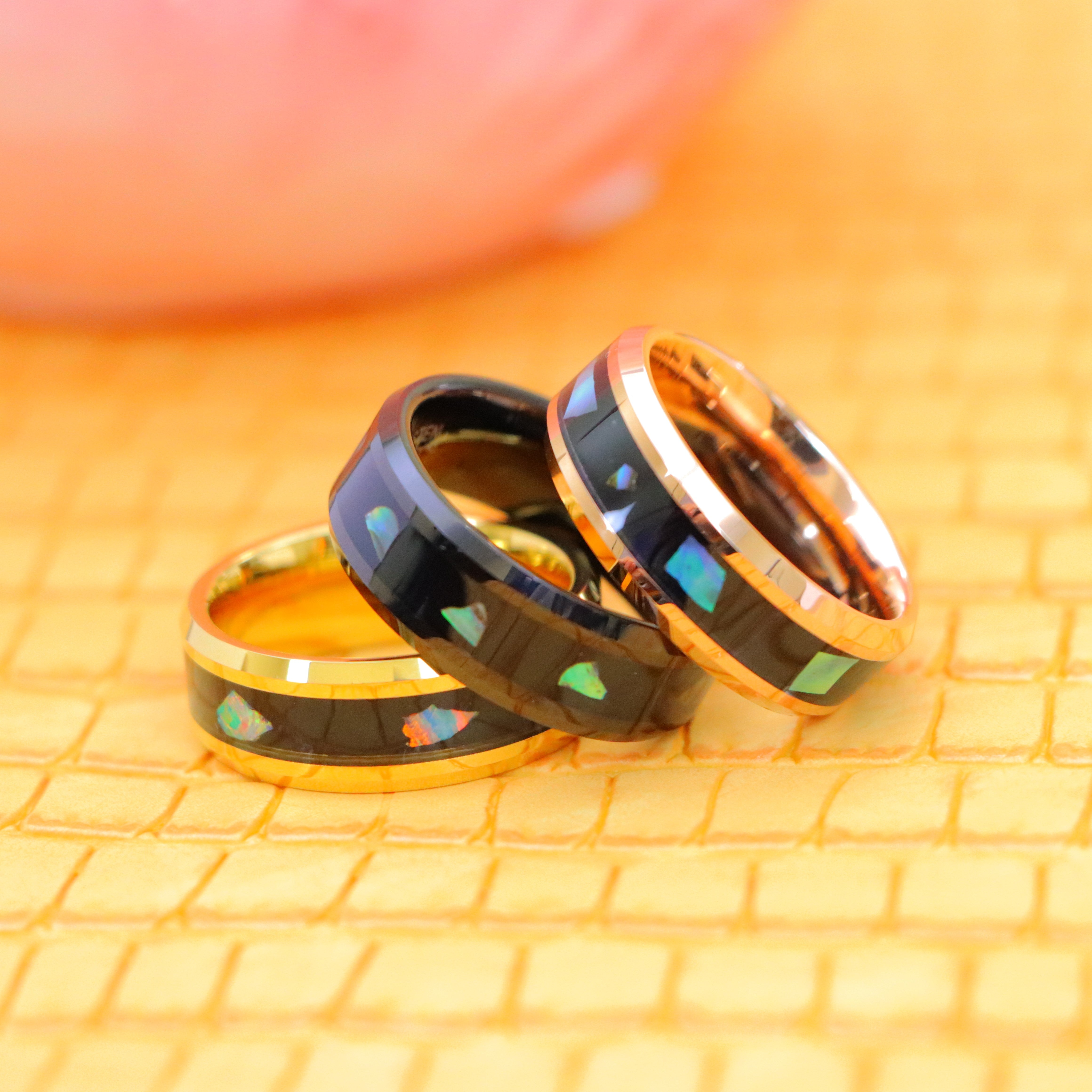 Yellow Gold IP/Black IP/Rose Gold IP Plated Abalone Shell Fragments Inlay Tungsten Ring - Labhu USA