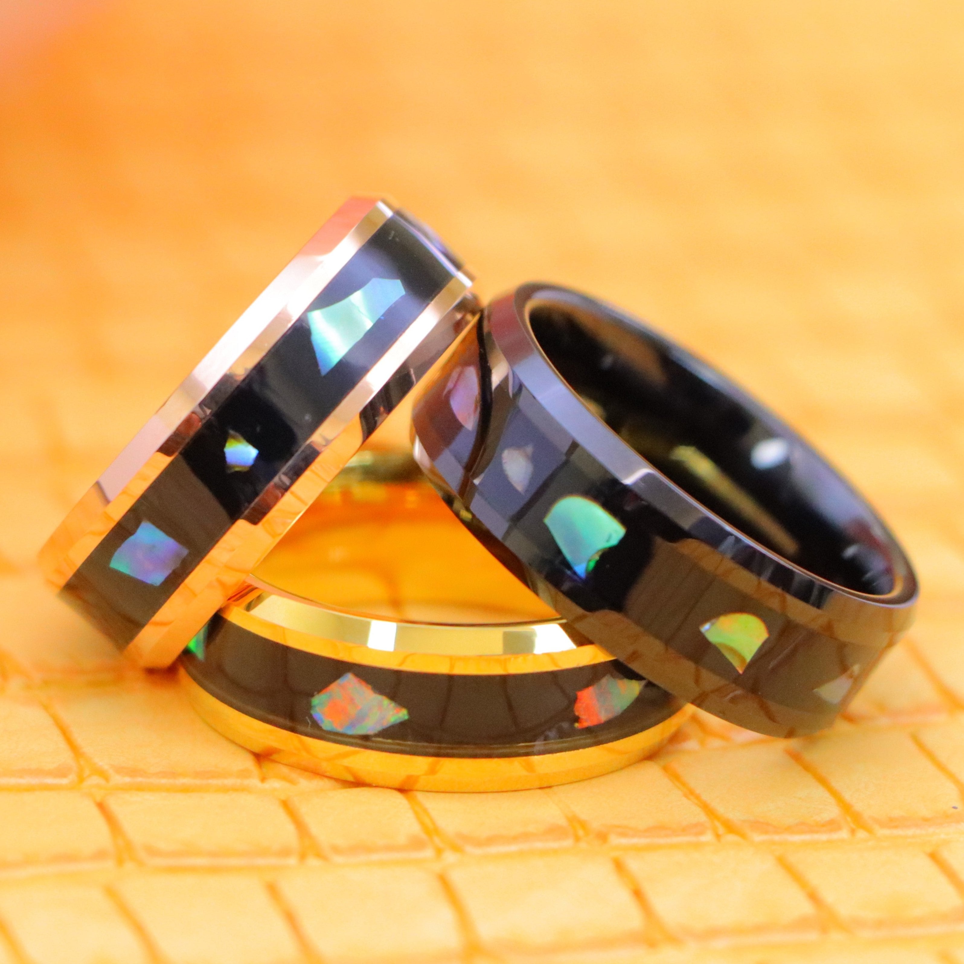 Yellow Gold IP/Black IP/Rose Gold IP Plated Abalone Shell Fragments Inlay Tungsten Ring - Labhu USA