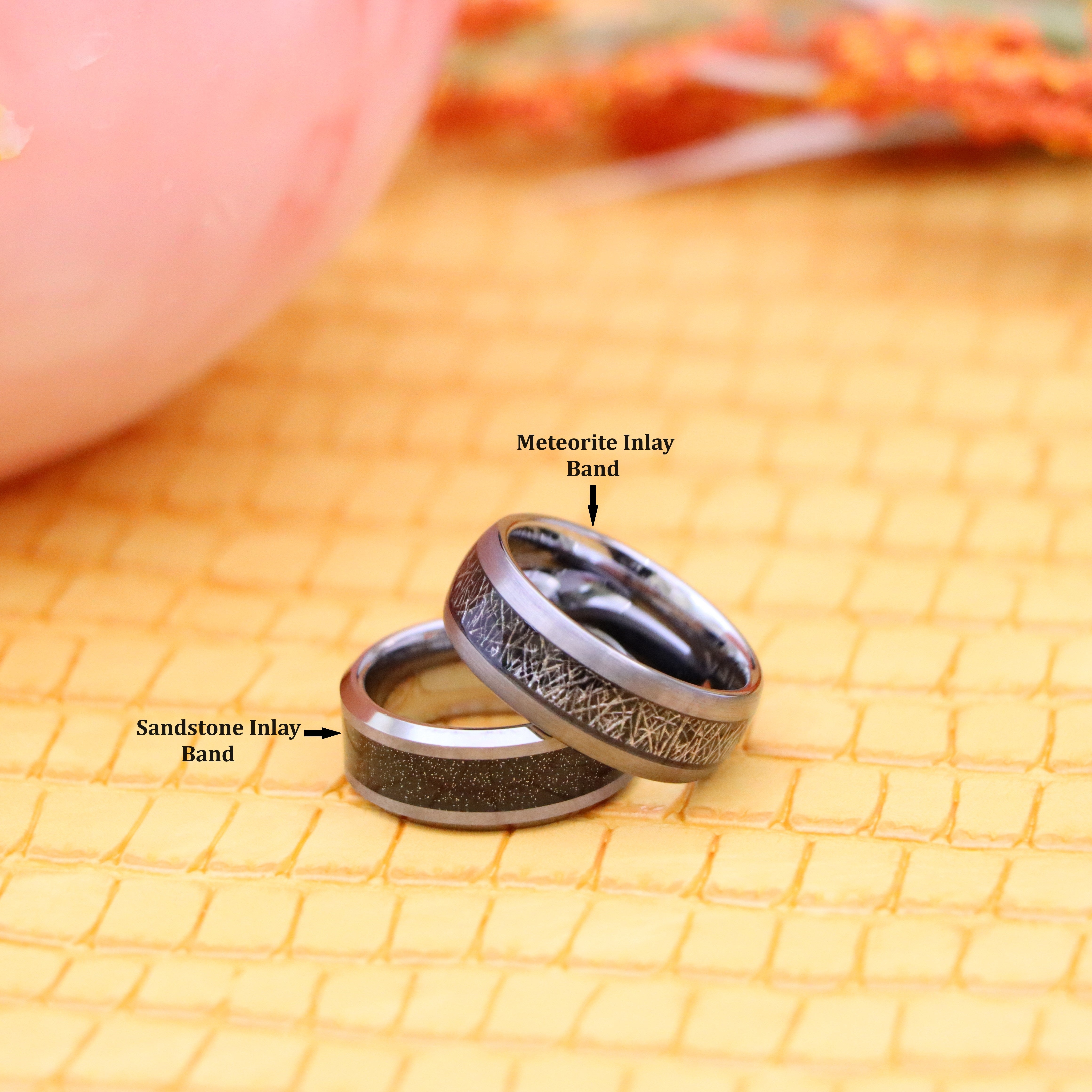 8mm Shiny Tungsten Ring with Beveled Edge and Black Sandstone Carbon Fiber Inlay/Meteorite Inlay - Labhu USA