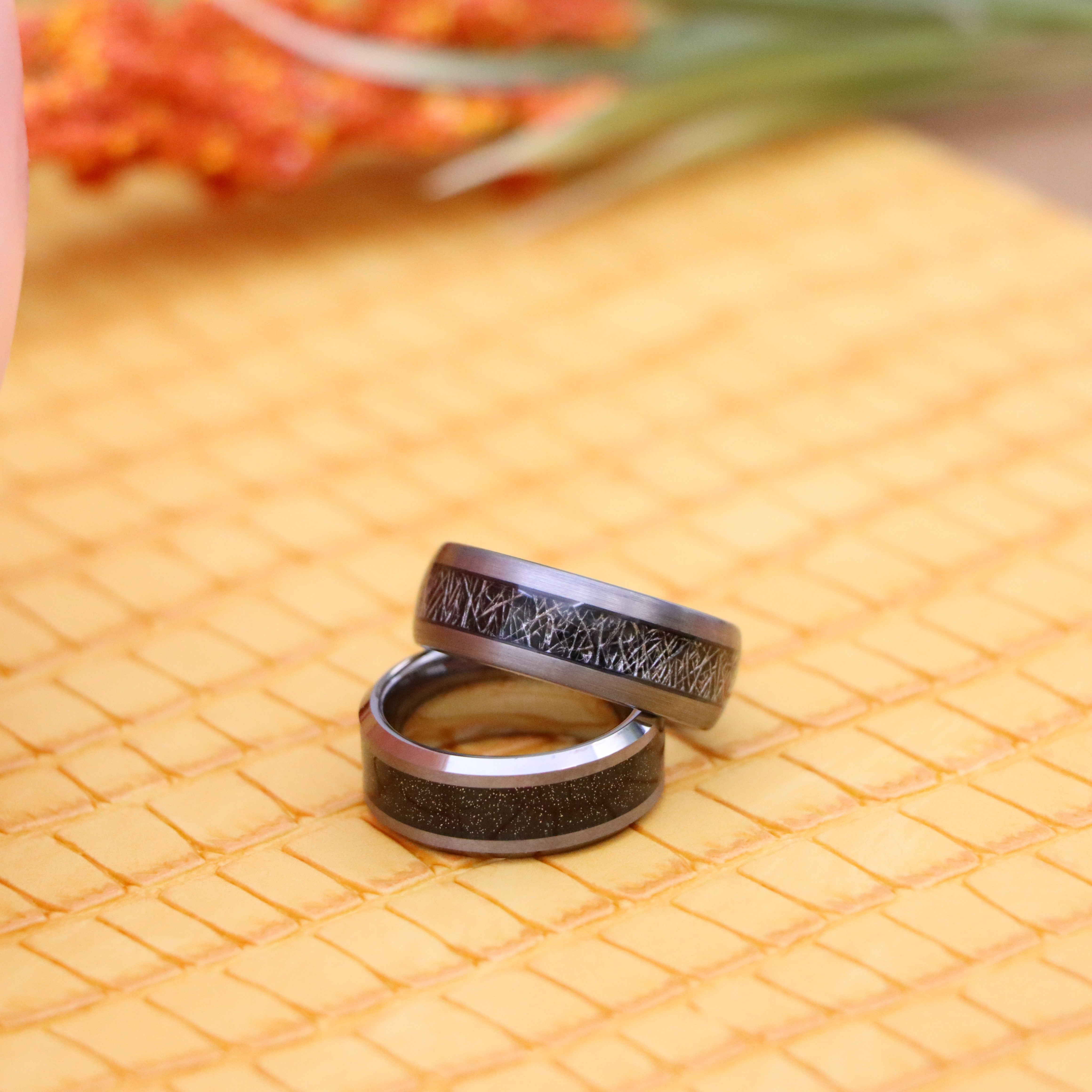 8mm Shiny Tungsten Ring with Beveled Edge and Black Sandstone Carbon Fiber Inlay/Meteorite Inlay - Labhu USA