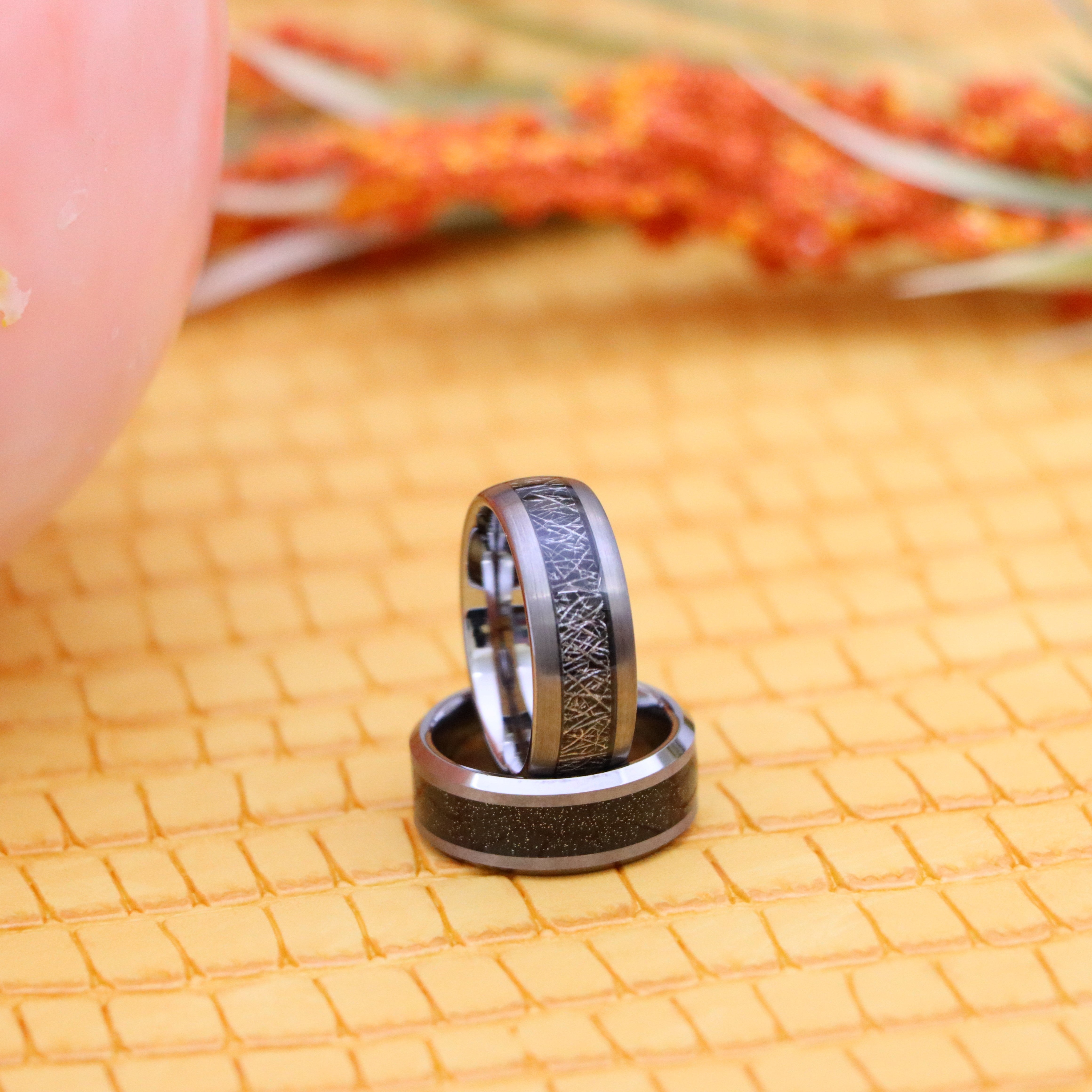 8mm Shiny Tungsten Ring with Beveled Edge and Black Sandstone Carbon Fiber Inlay/Meteorite Inlay - Labhu USA