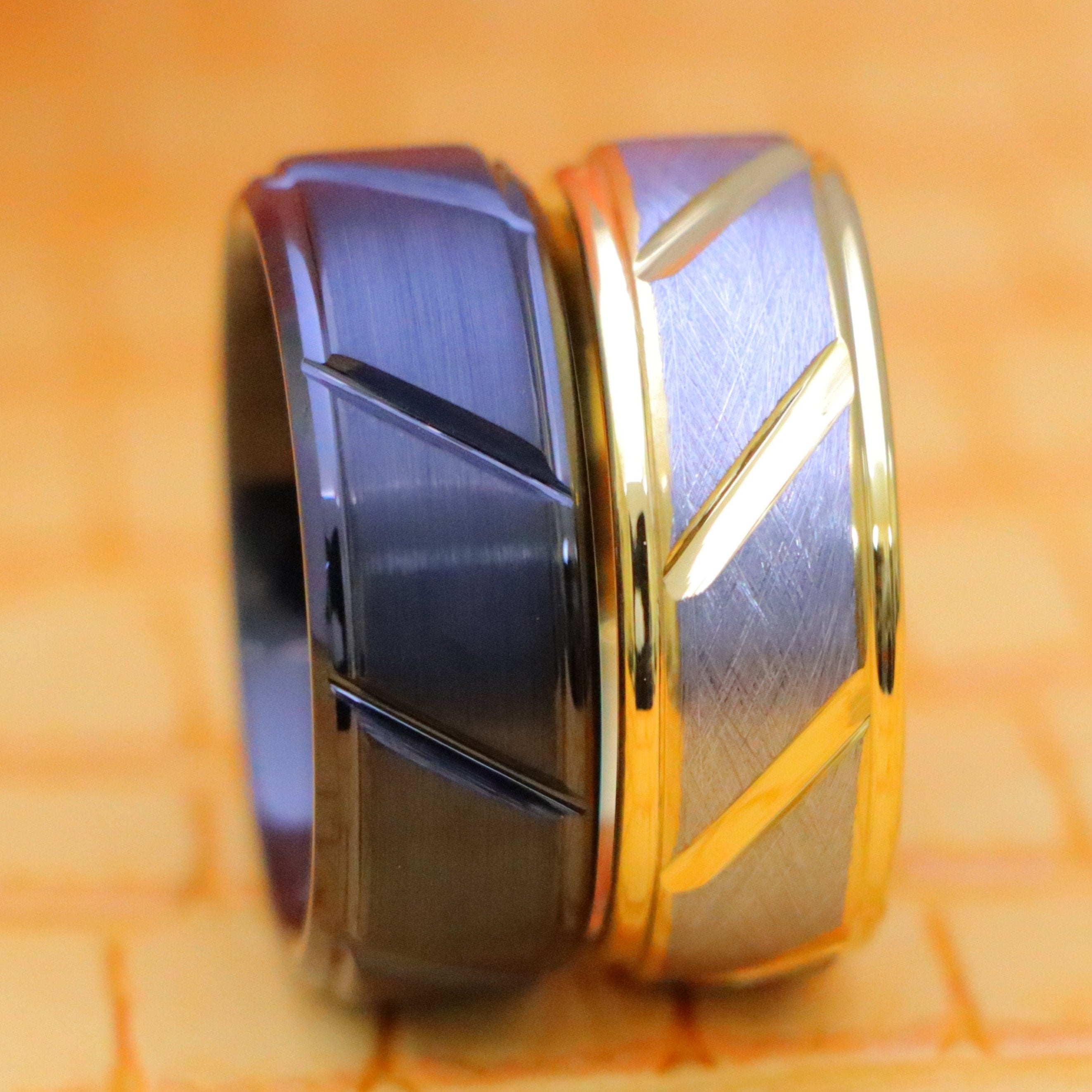 8mm Black IP Plated Multiple Diagonal Grooves with Center Brushed and 8mm
Two-tone Gray & Yellow IP Plated Notched Tungsten Ring for men - clear front view