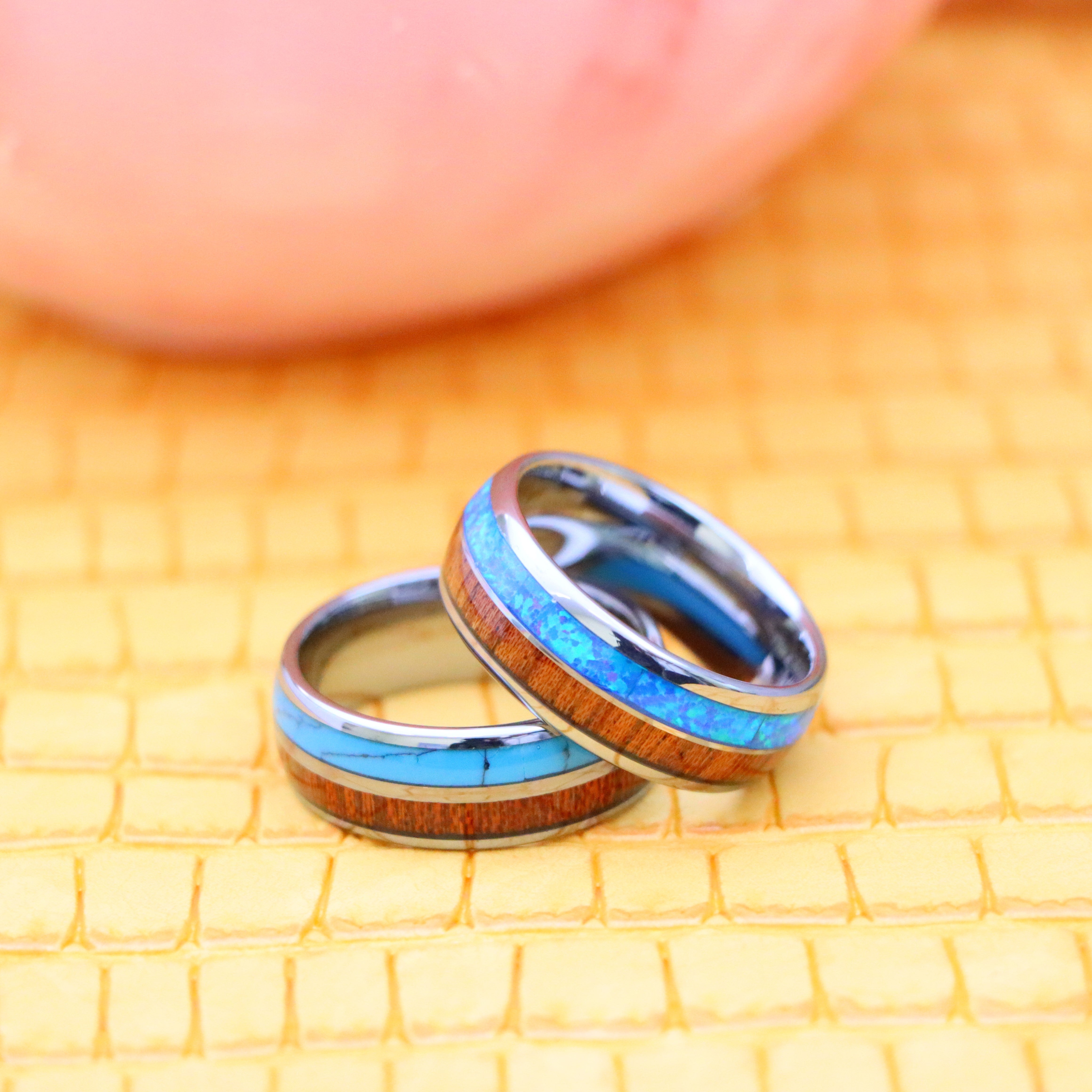 8mm Koa Wood & Synthetic Opal/Turquoise Inlay Domed Tungsten Ring - Labhu USA