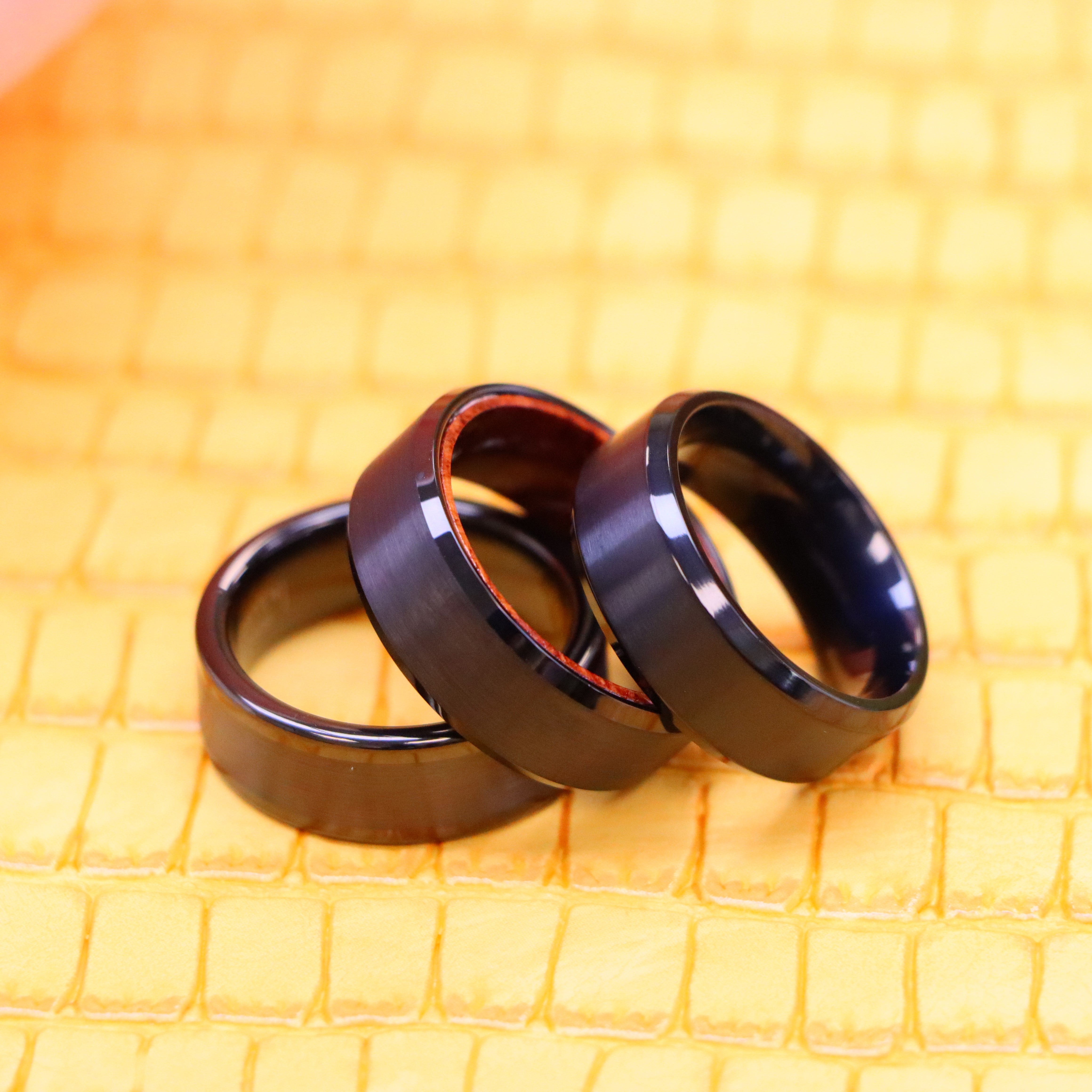 8mm Black IP Plated Titanium/Tungsten Ring Brushed Center Beveled Edge Titanium Ring Wood Sleeve Tungsten Ring - Labhu USA