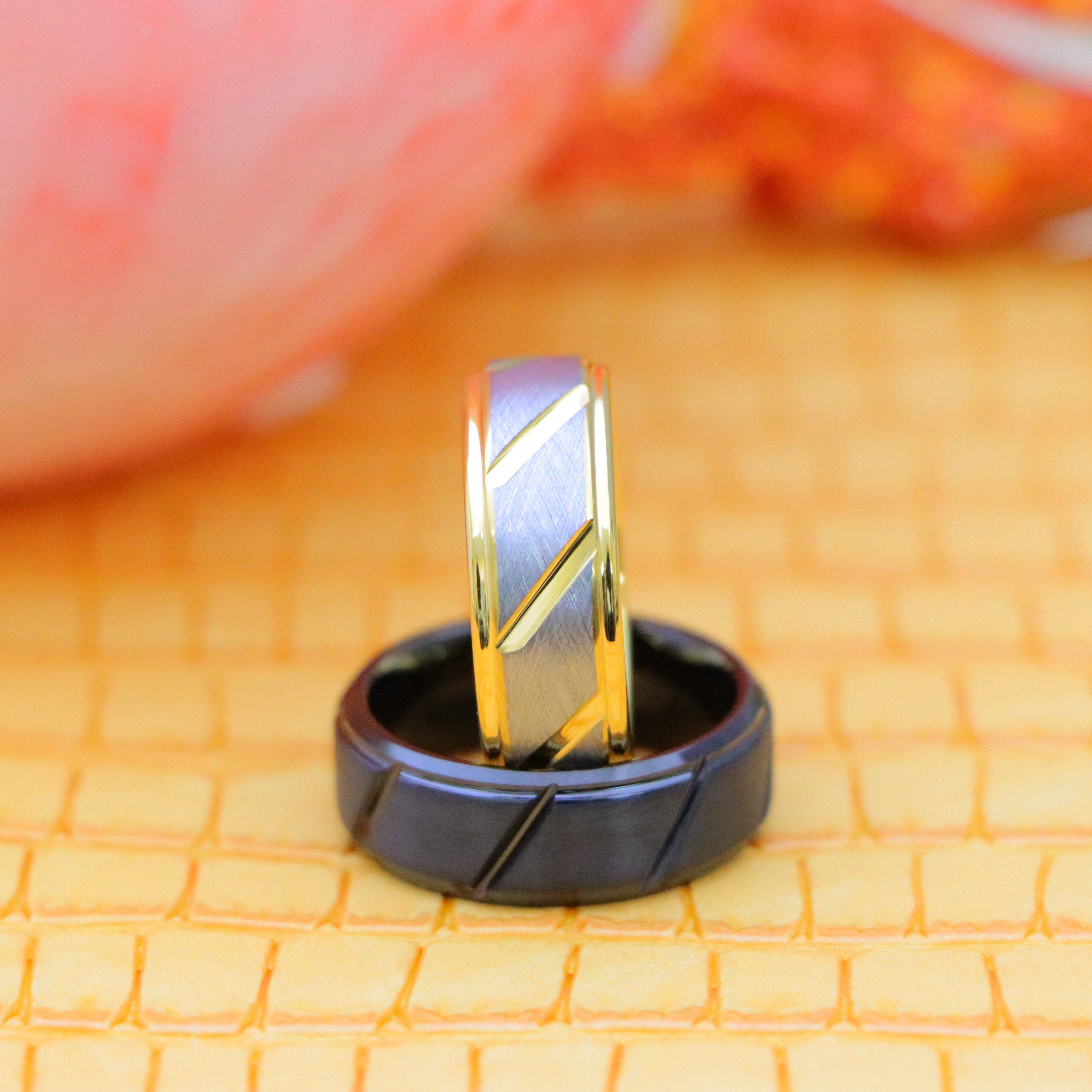 8mm Two-tone Gray & Yellow IP Plated Notched Tungsten Ring on 8mm Black IP Plated Multiple Diagonal Grooves with Center Brushed ring for men - product view image