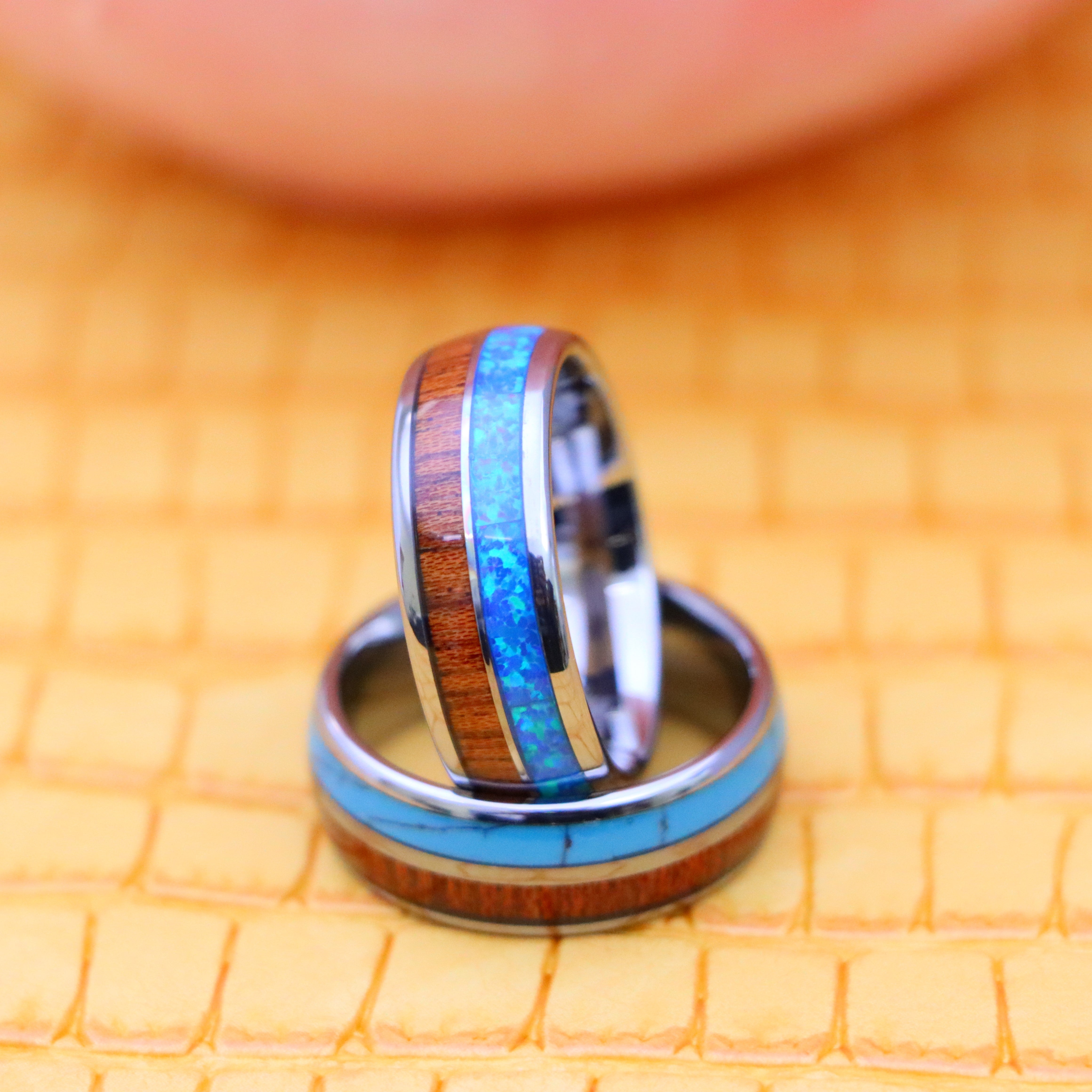 8mm Koa Wood & Synthetic Opal/Turquoise Inlay Domed Tungsten Ring - Labhu USA