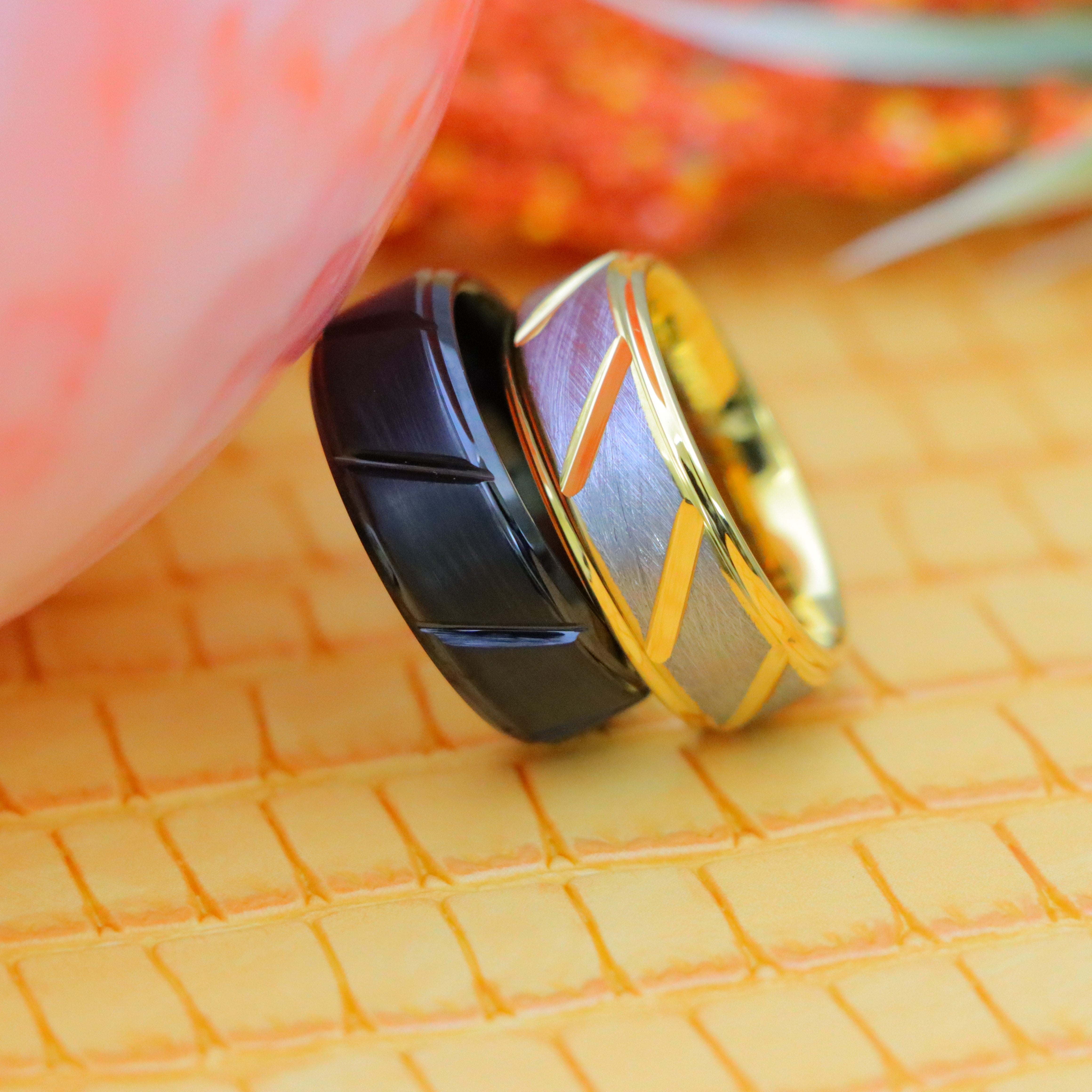 8mm Black IP Plated Multiple Diagonal Grooves with Center Brushed and 8mm
Two-tone Gray & Yellow IP Plated Notched Tungsten Ring for men - product image view