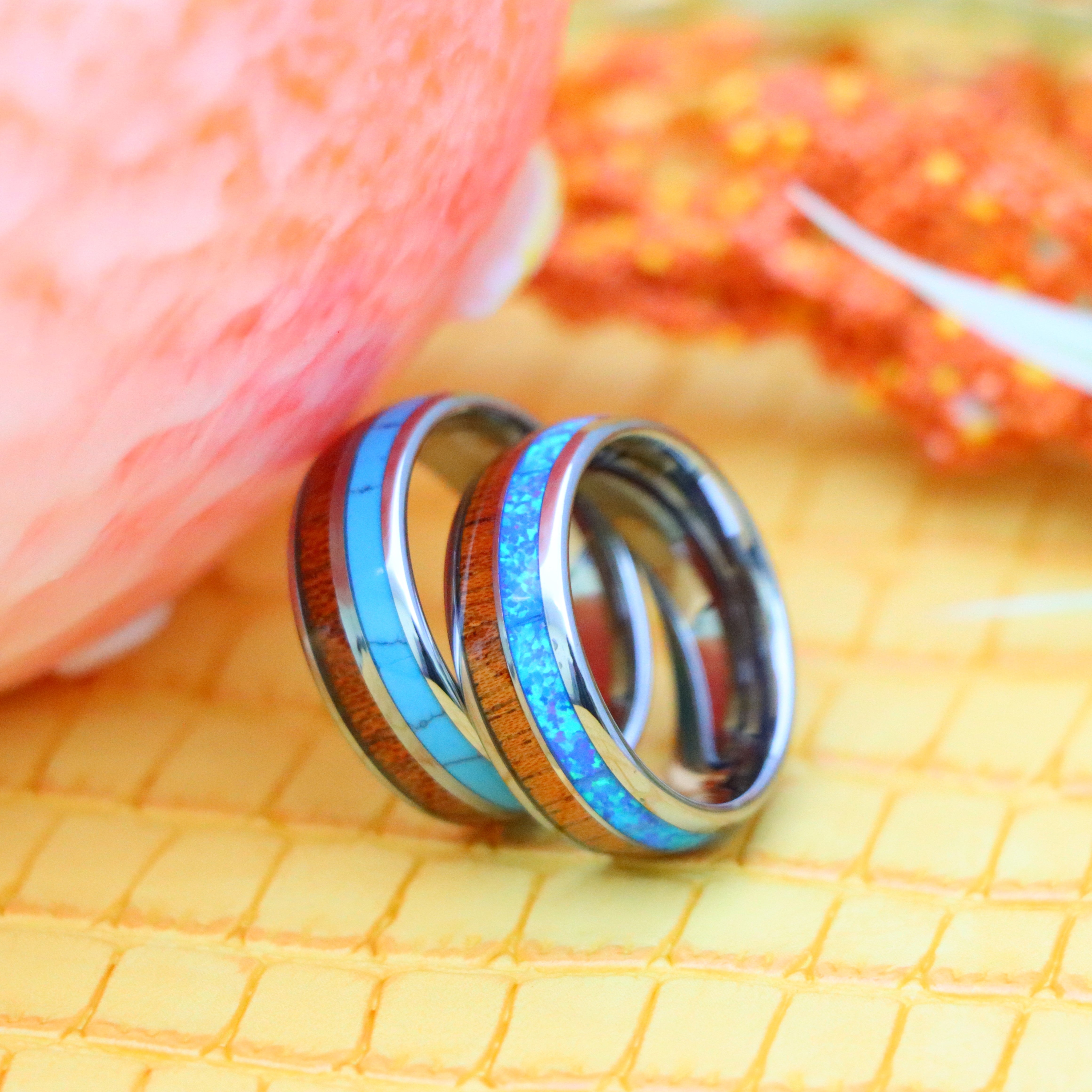 8mm Koa Wood & Synthetic Opal/Turquoise Inlay Domed Tungsten Ring - Labhu USA