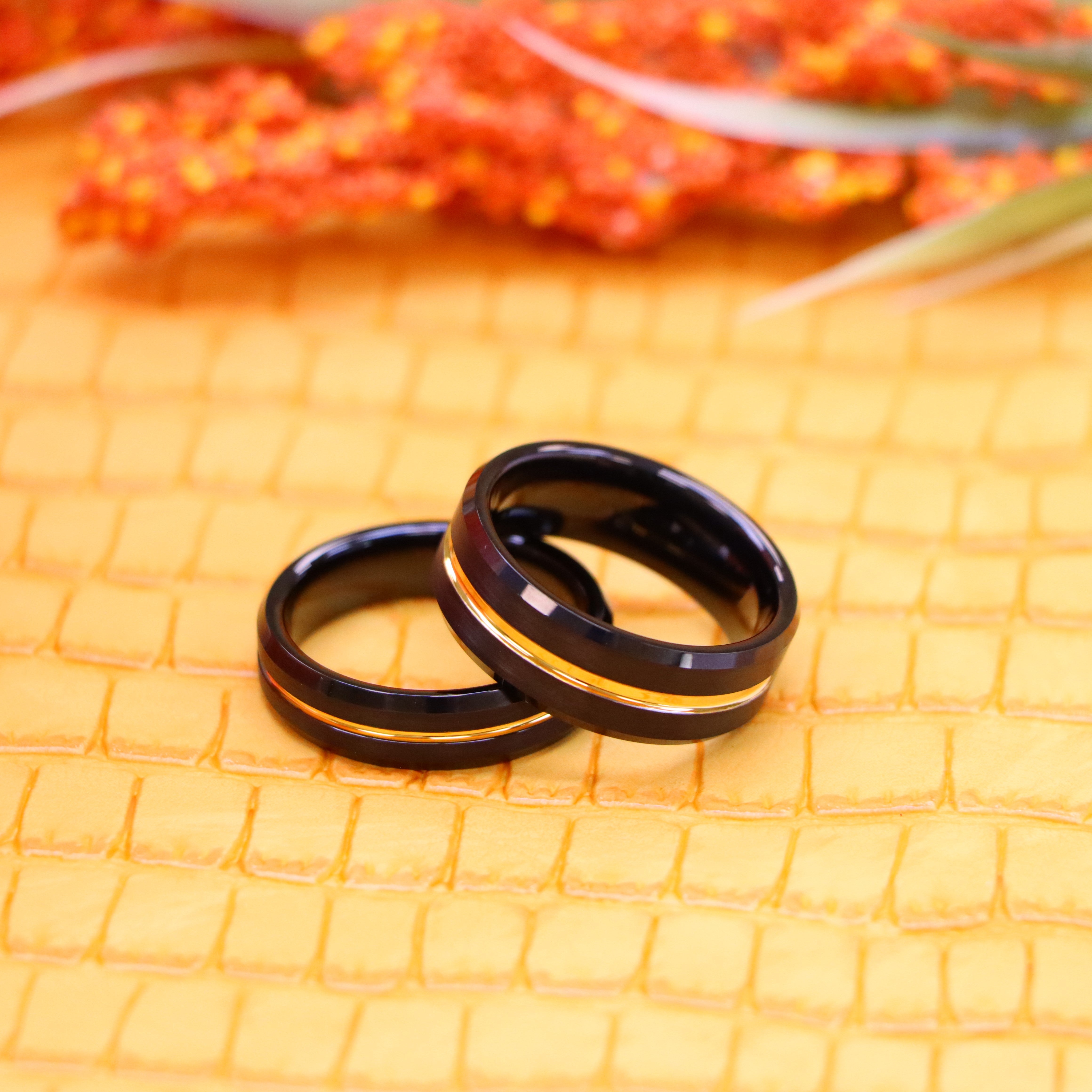 Black IP Brushed with Yellow Gold IP Grooved Center Beveled Edge 8mm/6mm Tungsten Ring - Labhu USA