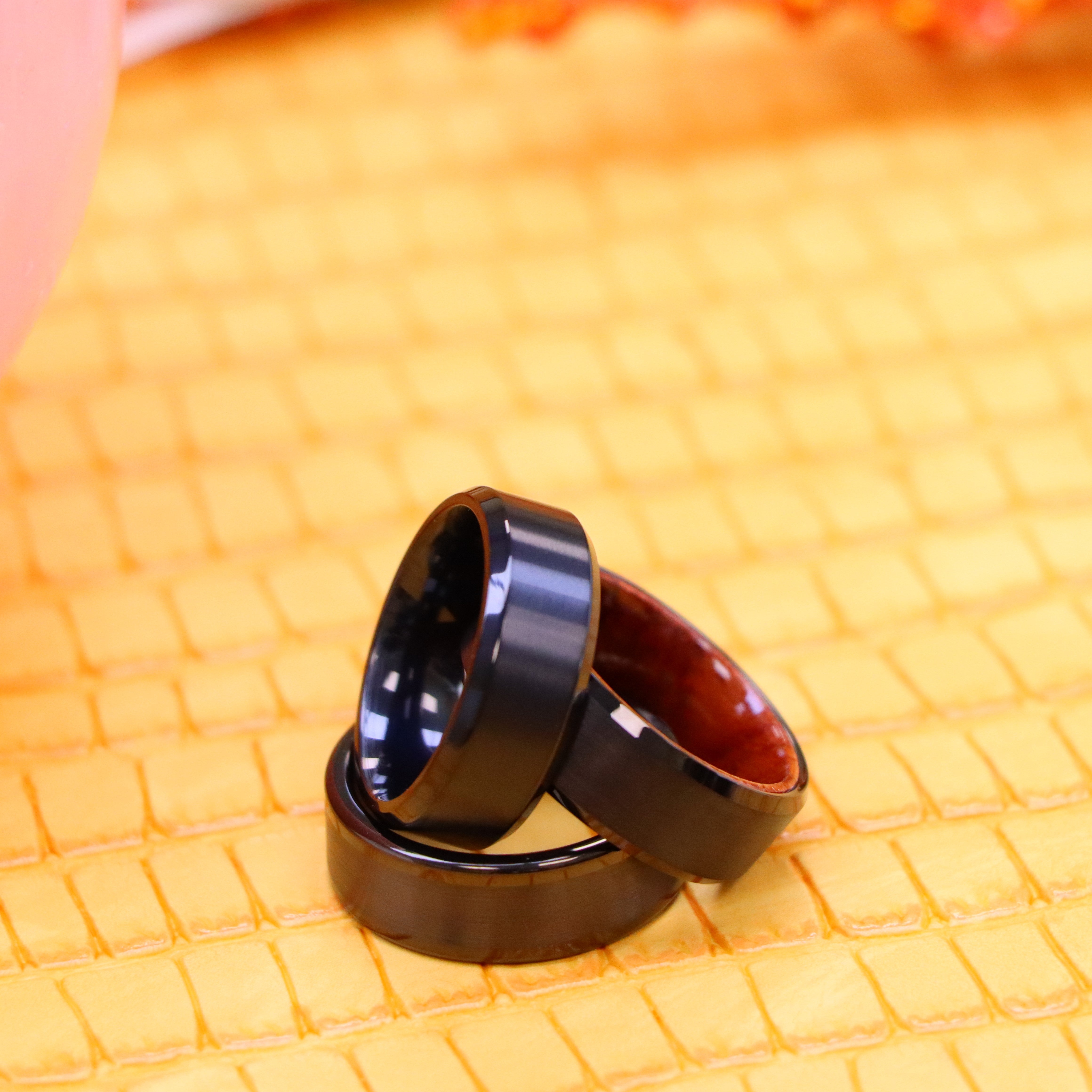 8mm Black IP Plated Titanium/Tungsten Ring Brushed Center Beveled Edge Titanium Ring Wood Sleeve Tungsten Ring - Labhu USA