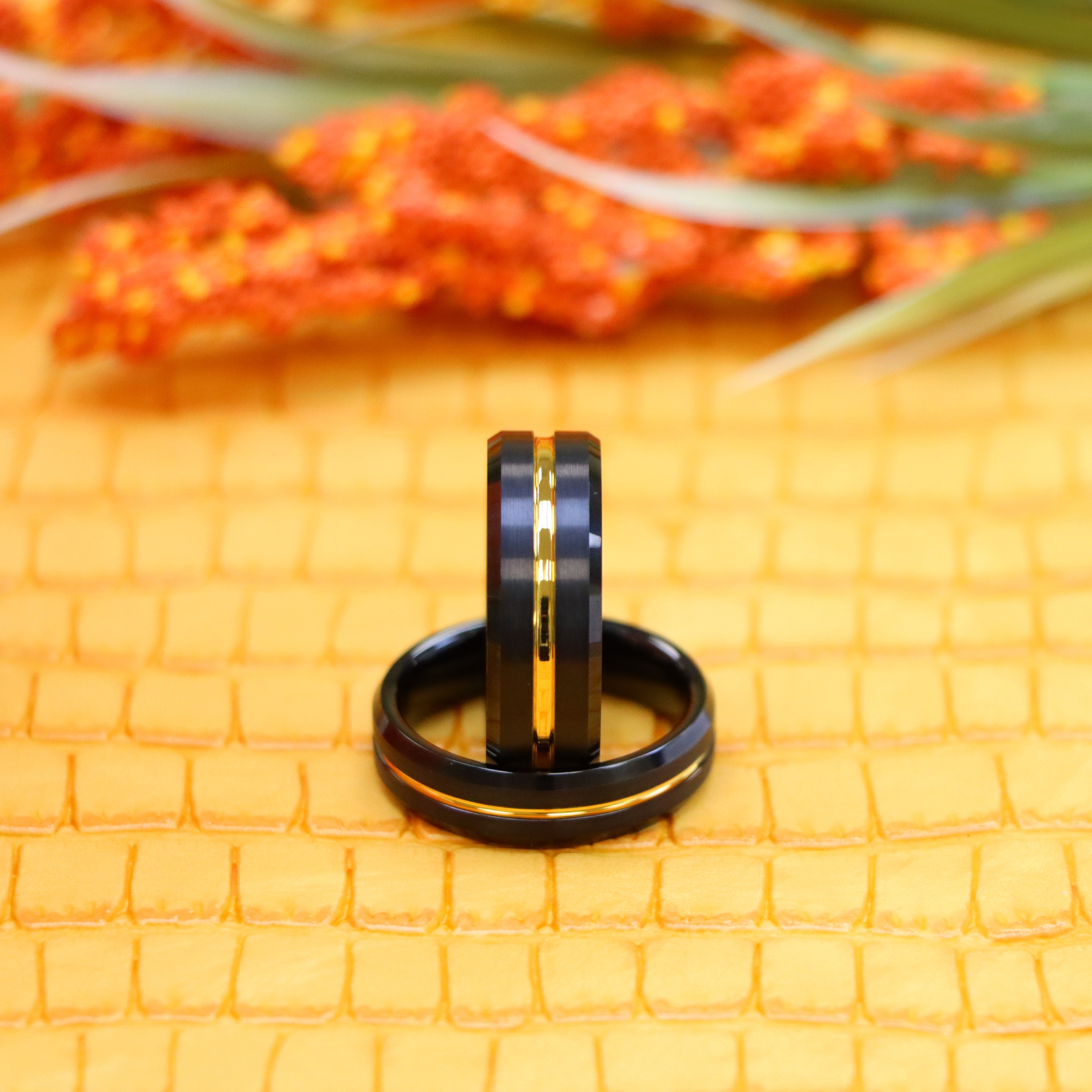 Black IP Brushed with Yellow Gold IP Grooved Center Beveled Edge 8mm/6mm Tungsten Ring - Labhu USA